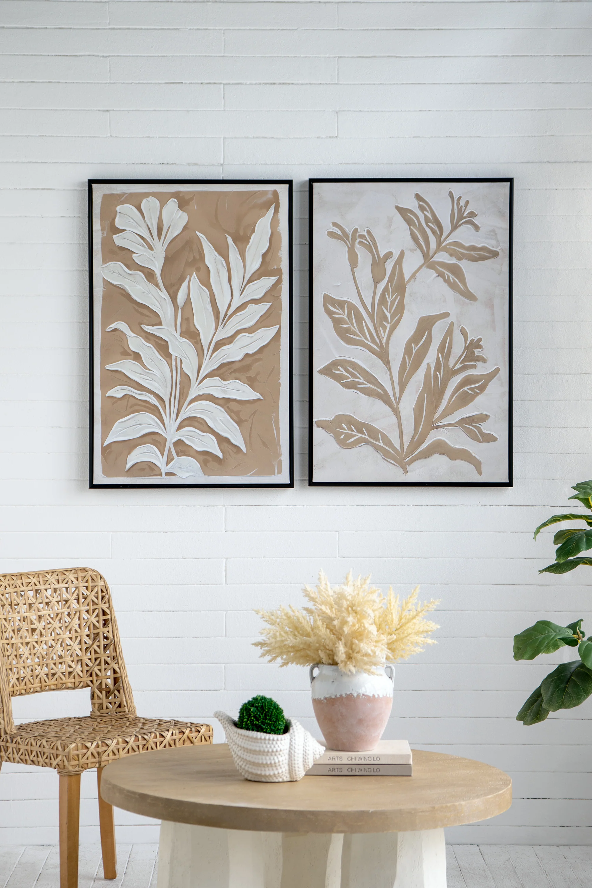 Brown and White Minimalist Leaf Paintings with Black Frame, Set of 2