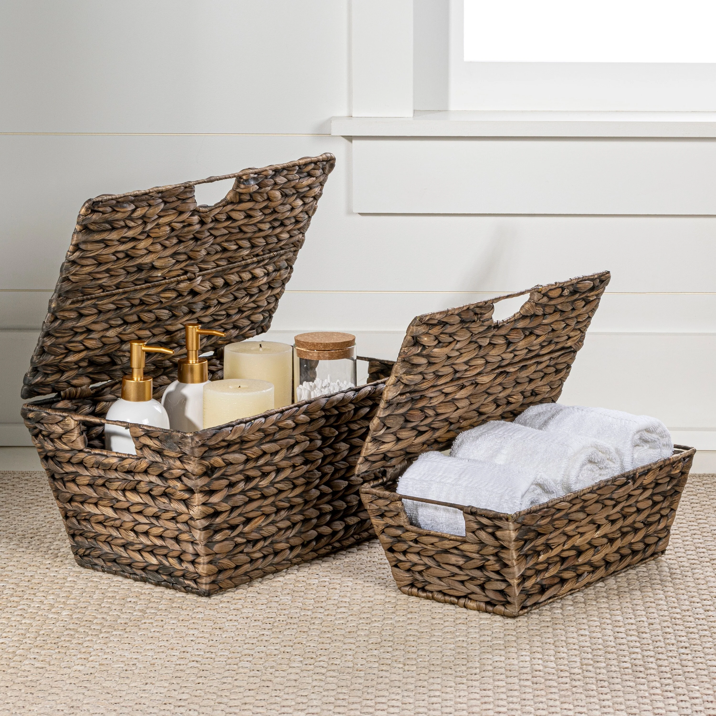 Hyacinth Rectangular Storage Baskets with Lids & Handles (Set of 2)