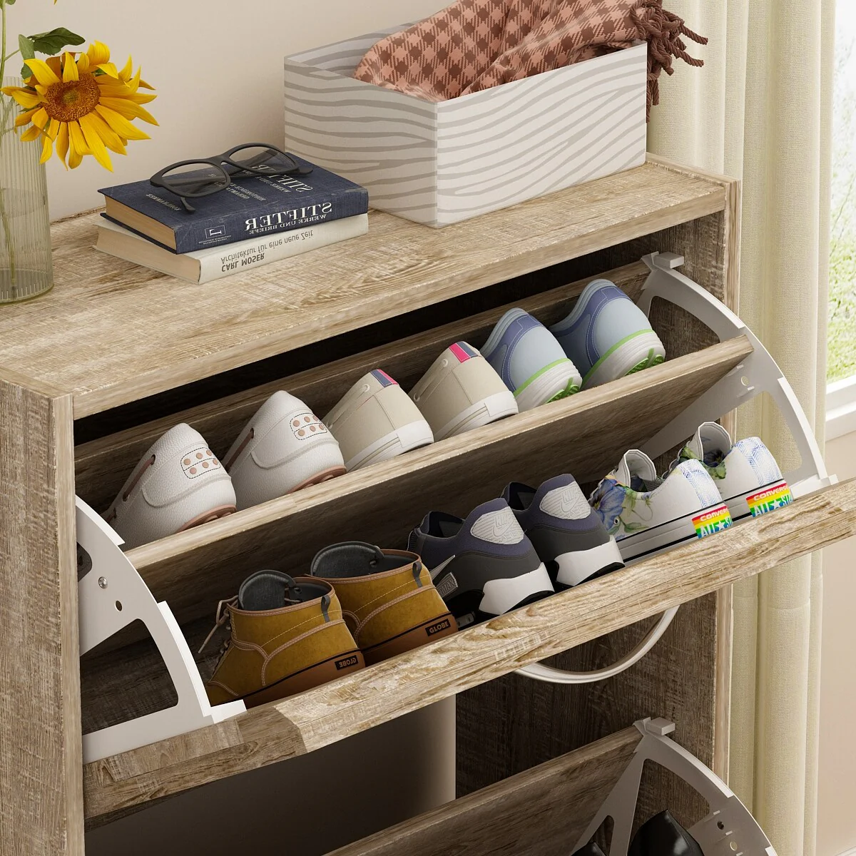 FUFU&GAGA Freestanding 3 Flip Drawers Shoe Cabinet Storage Organizer