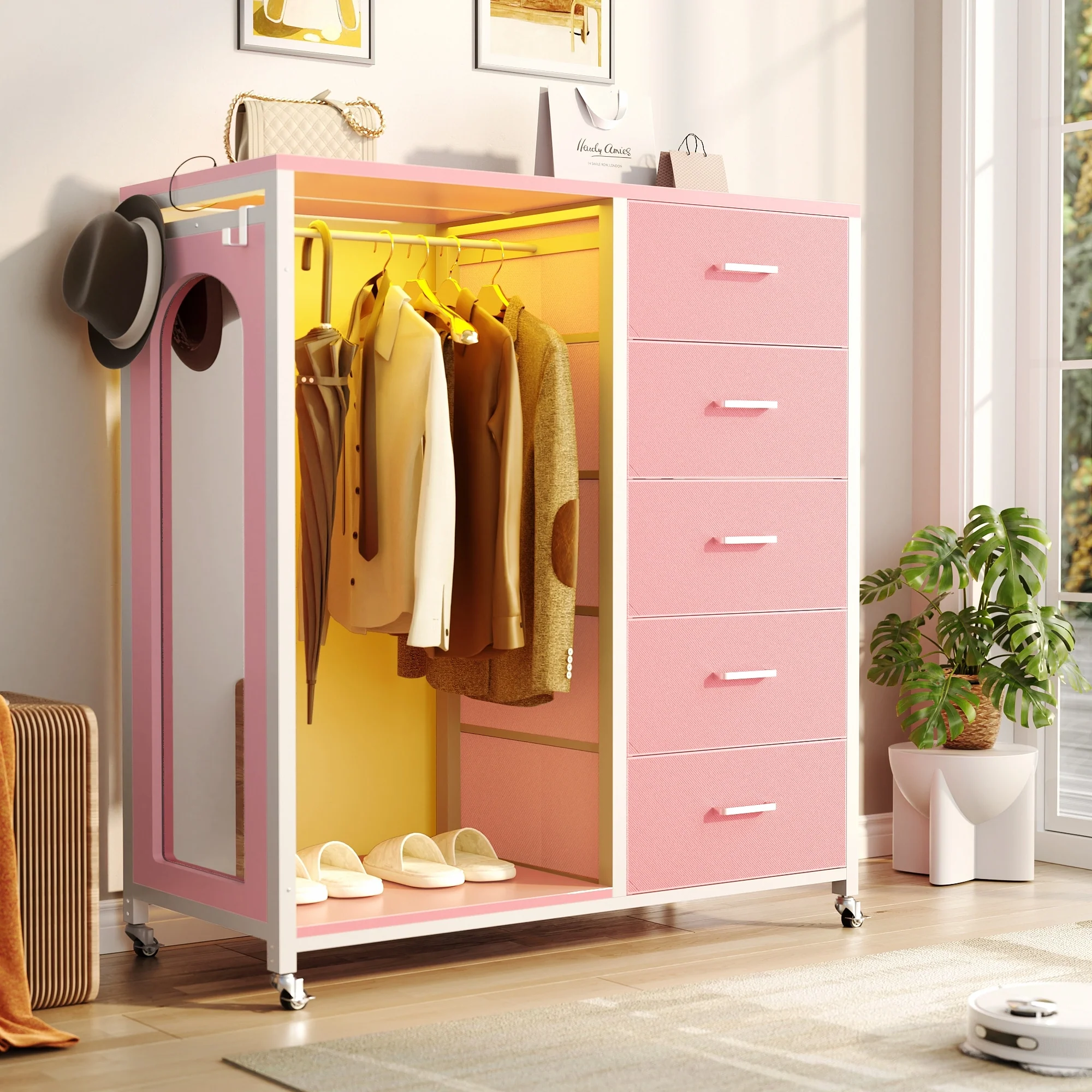 Kid's Closet Organizer with Fabric Drawers and Mirror, Rolling Dresser and Chest with Charge Station