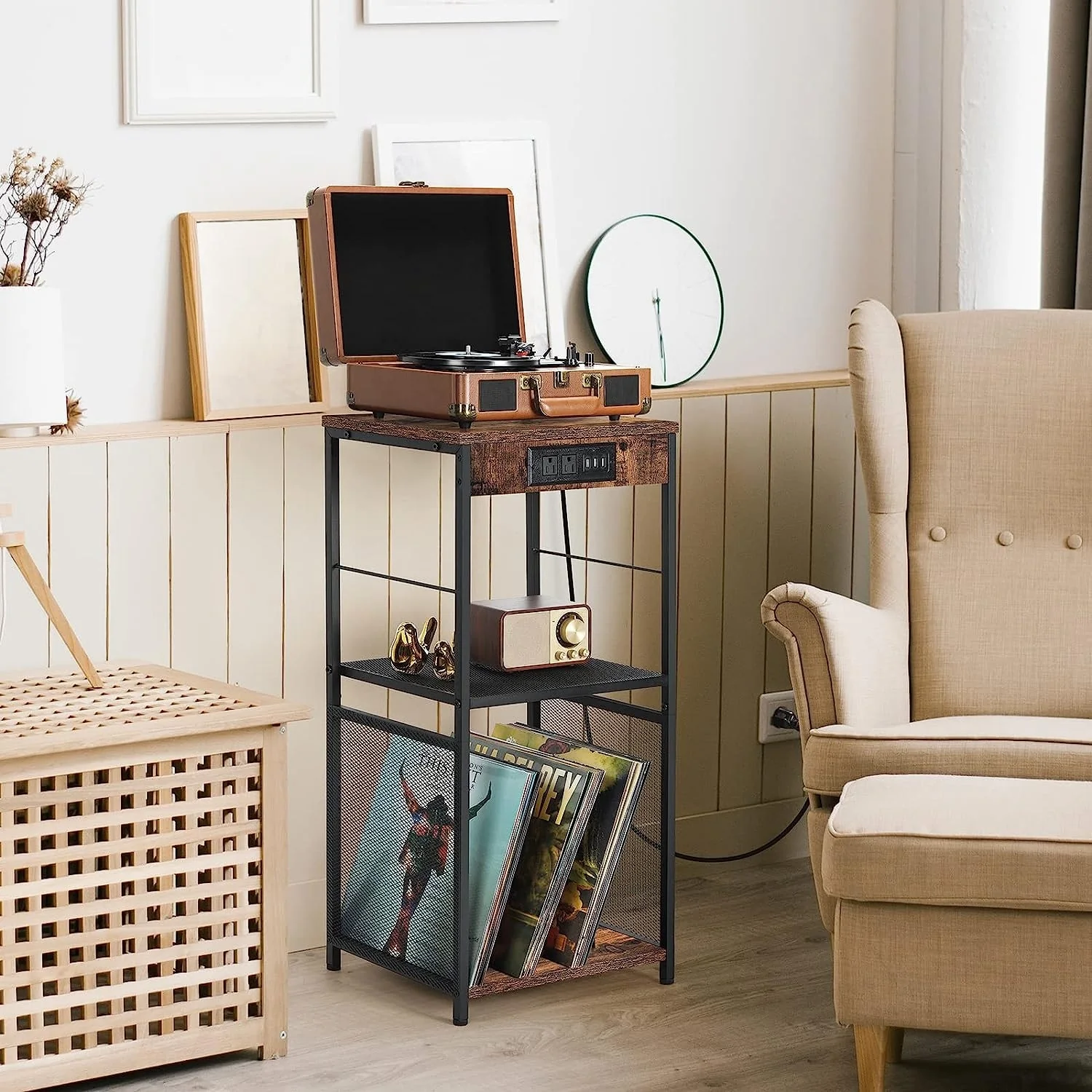 Vinyl Record Storage Table with Power Outlet
