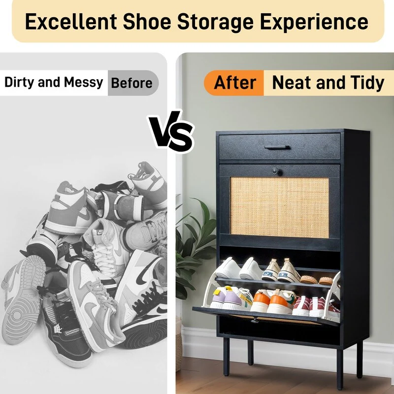 Real Rattan Shoe Cabinet with 2 Flip Drawers & 1 Small Drawer