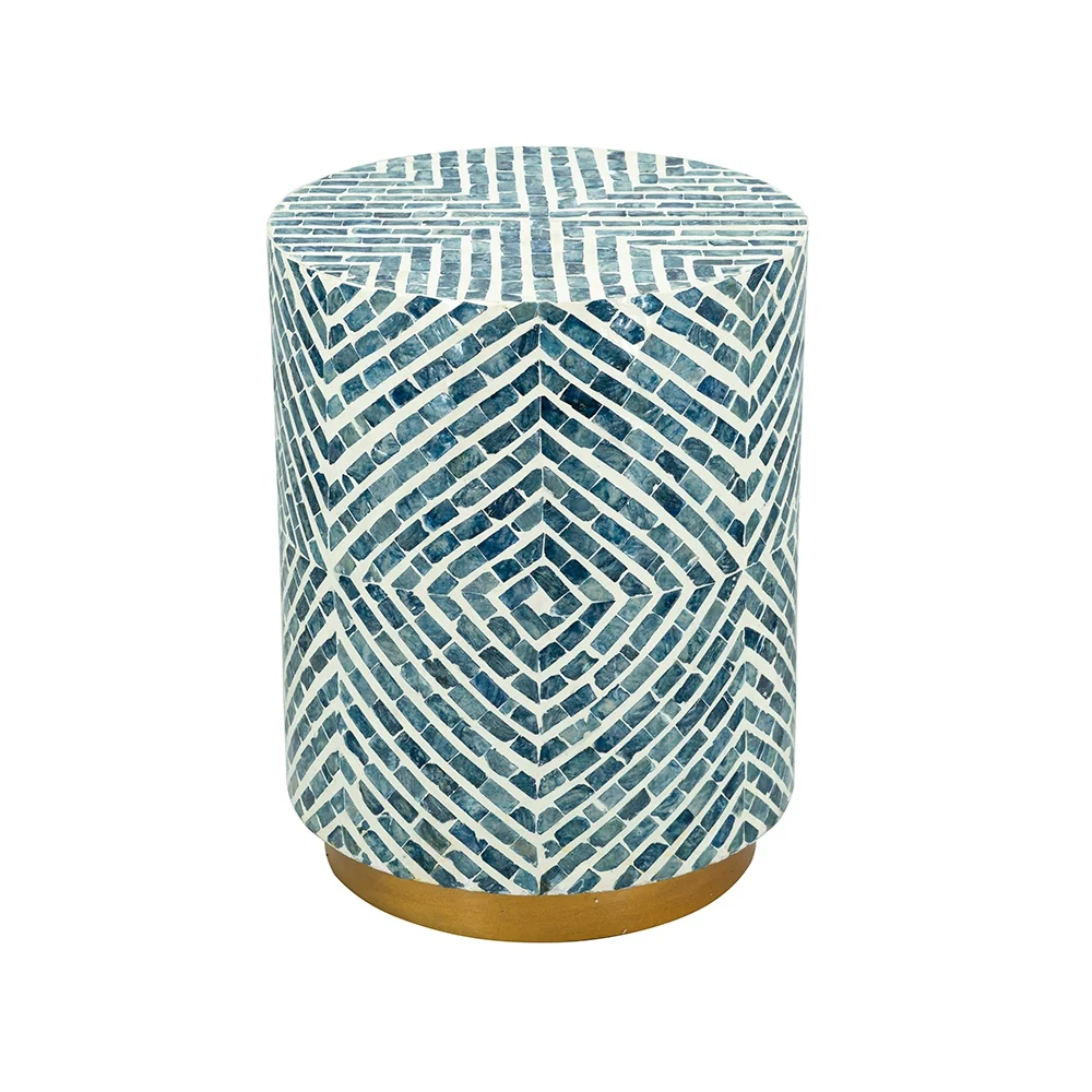 Round Blue & White Capiz Side Table