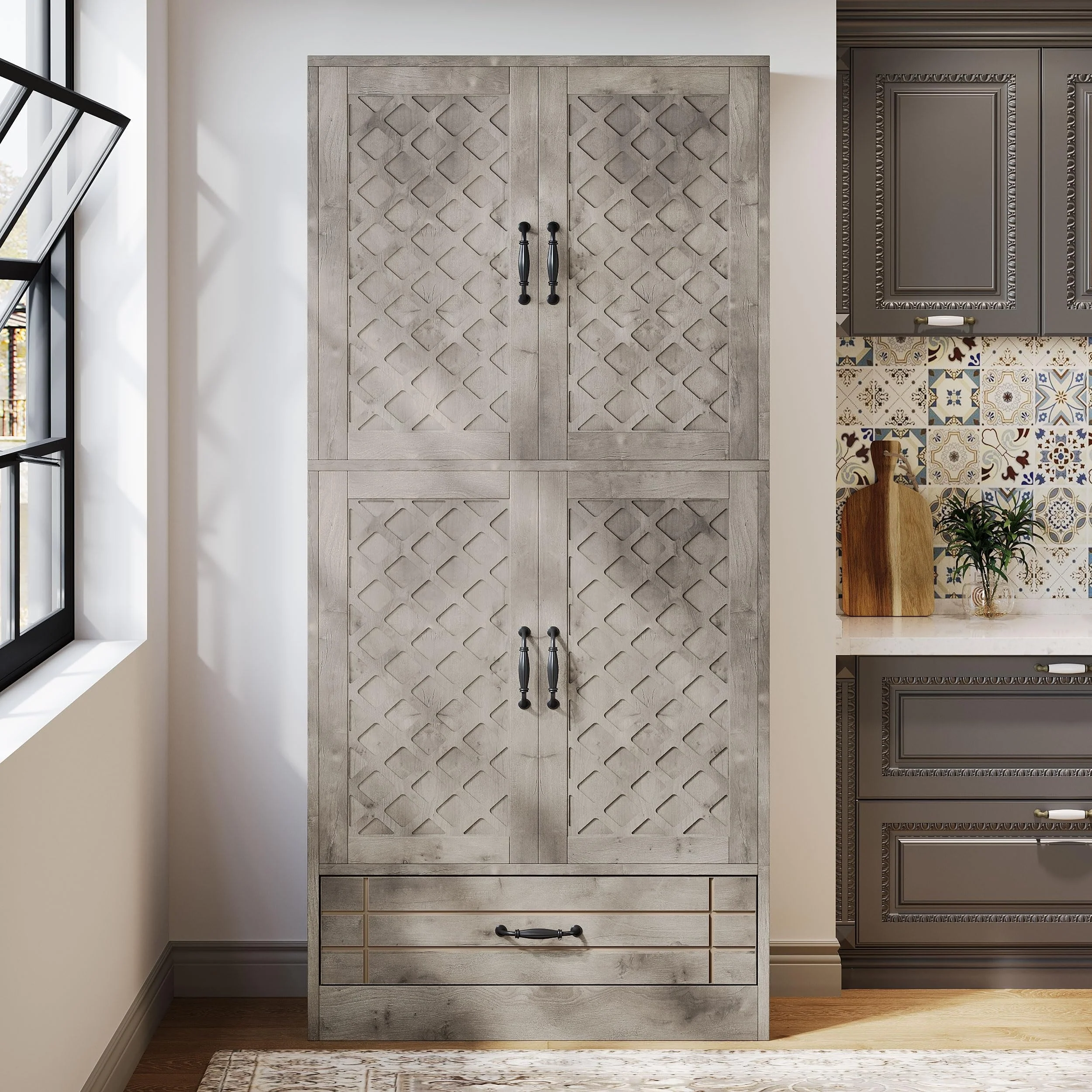 70-Inch Kitchen Pantry Cabinet, Tall Bakers' Rack Kitchen Cabinet with Doors and Drawer - N/A