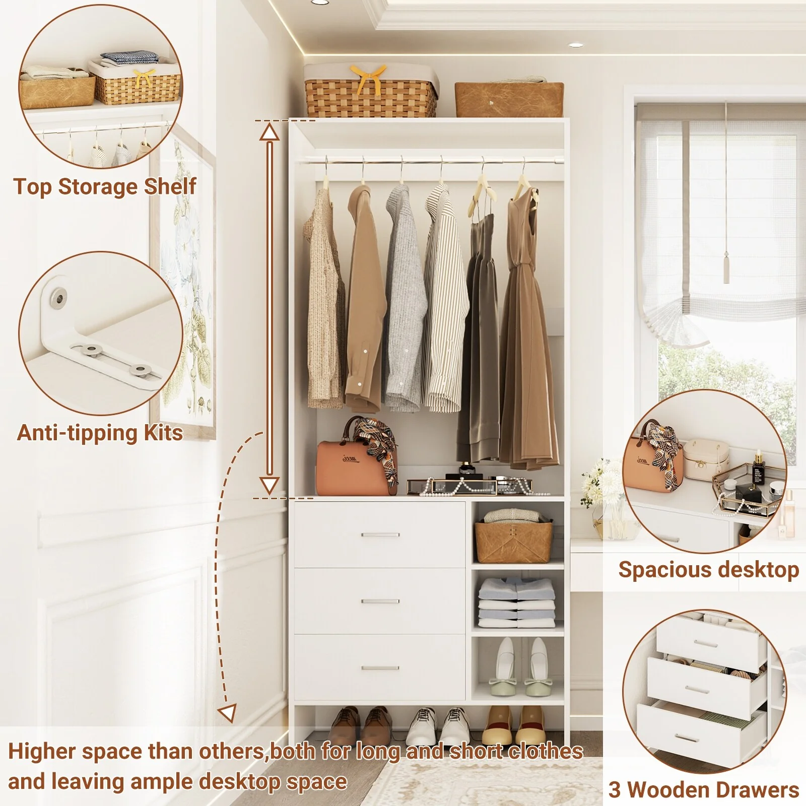 Cimly 30'' W Freestanding Closet Sytem with Hanging Rod, Closet Organizer with Drawers and Shelves