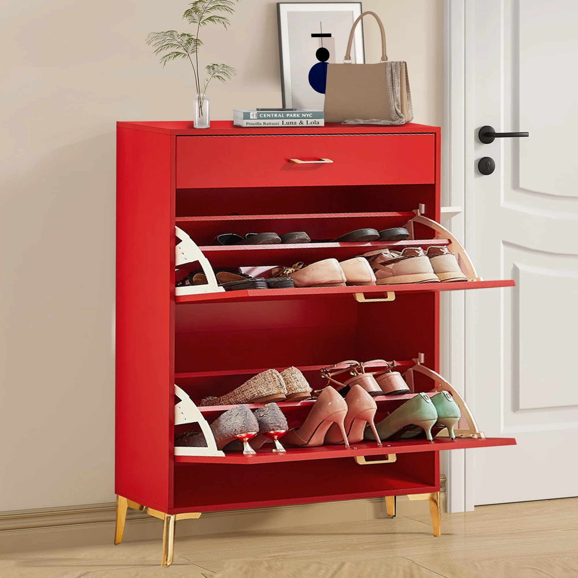 Freestanding Shoe Cabinet for Entryway, with 2 Flip Doors and Drawer - 32'W x 10''D x 43''H