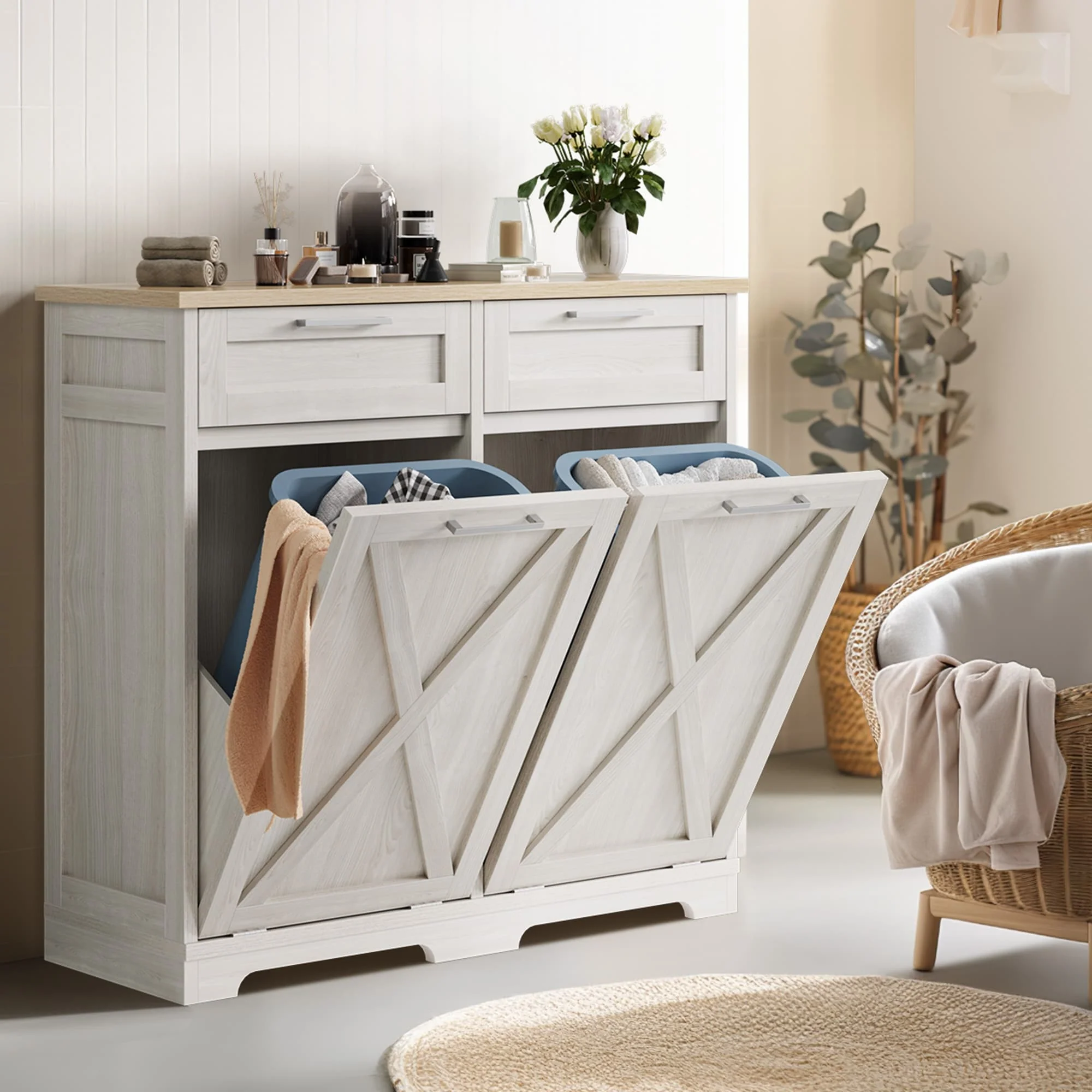 Moasis Kitchen Wooden Double Tilt Out Trash Can Cabinet with 2-Drawer