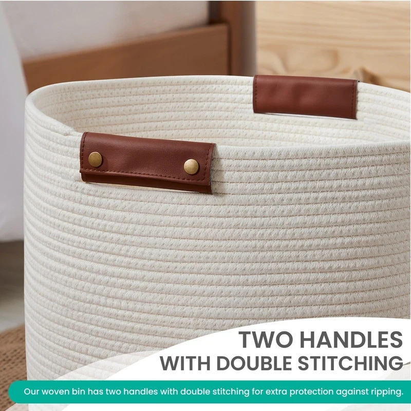 Large Cotton Rope Storage Basket Laundry Hamper Woven Basket with Leather Handles -16 x 18 - 16
