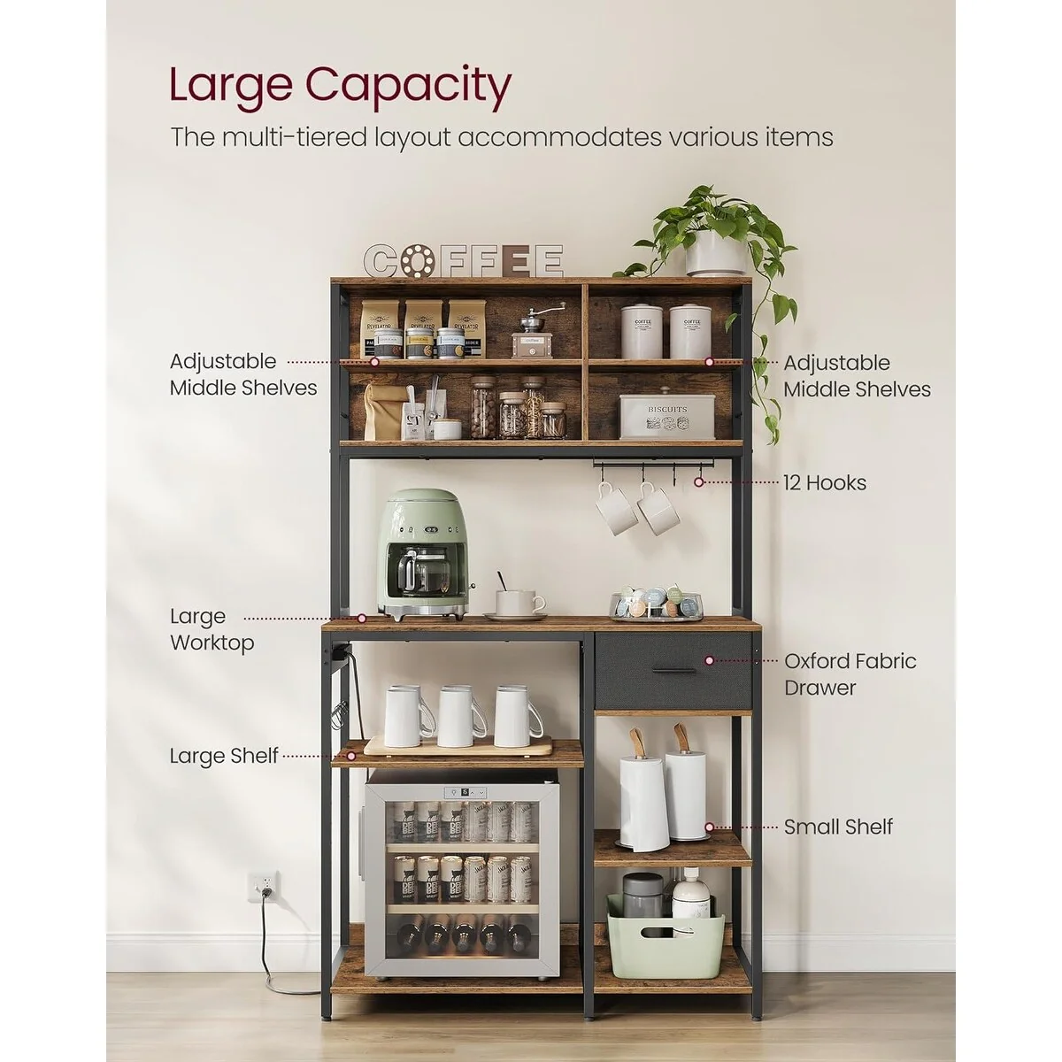 VASAGLE Bakers Rack with Charging Station, Coffee Bar Stand with Adjustable Storage Shelves