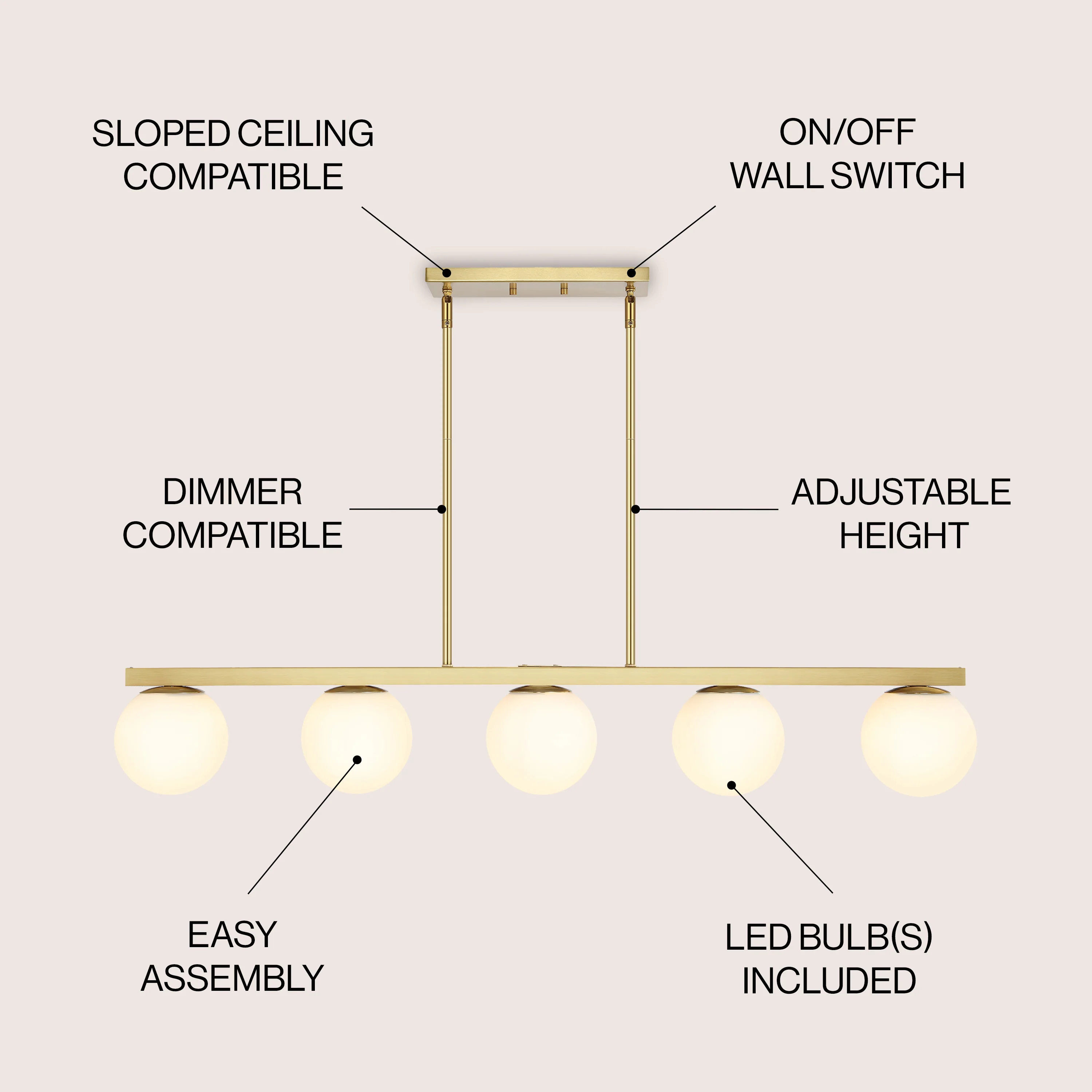 Luca 5-Light Modern Glam Iron Globe Linear LED Pendant
