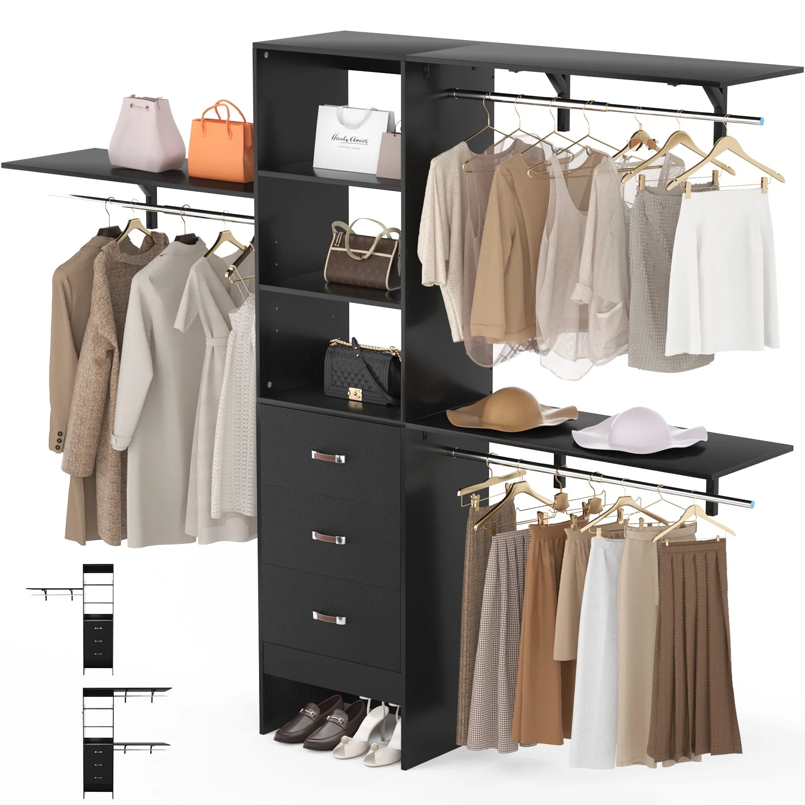 Rackcog 120'' Closet Organizer with Drawers, Closet System with DIY Shelves for Reach-in and Walk-in Closet