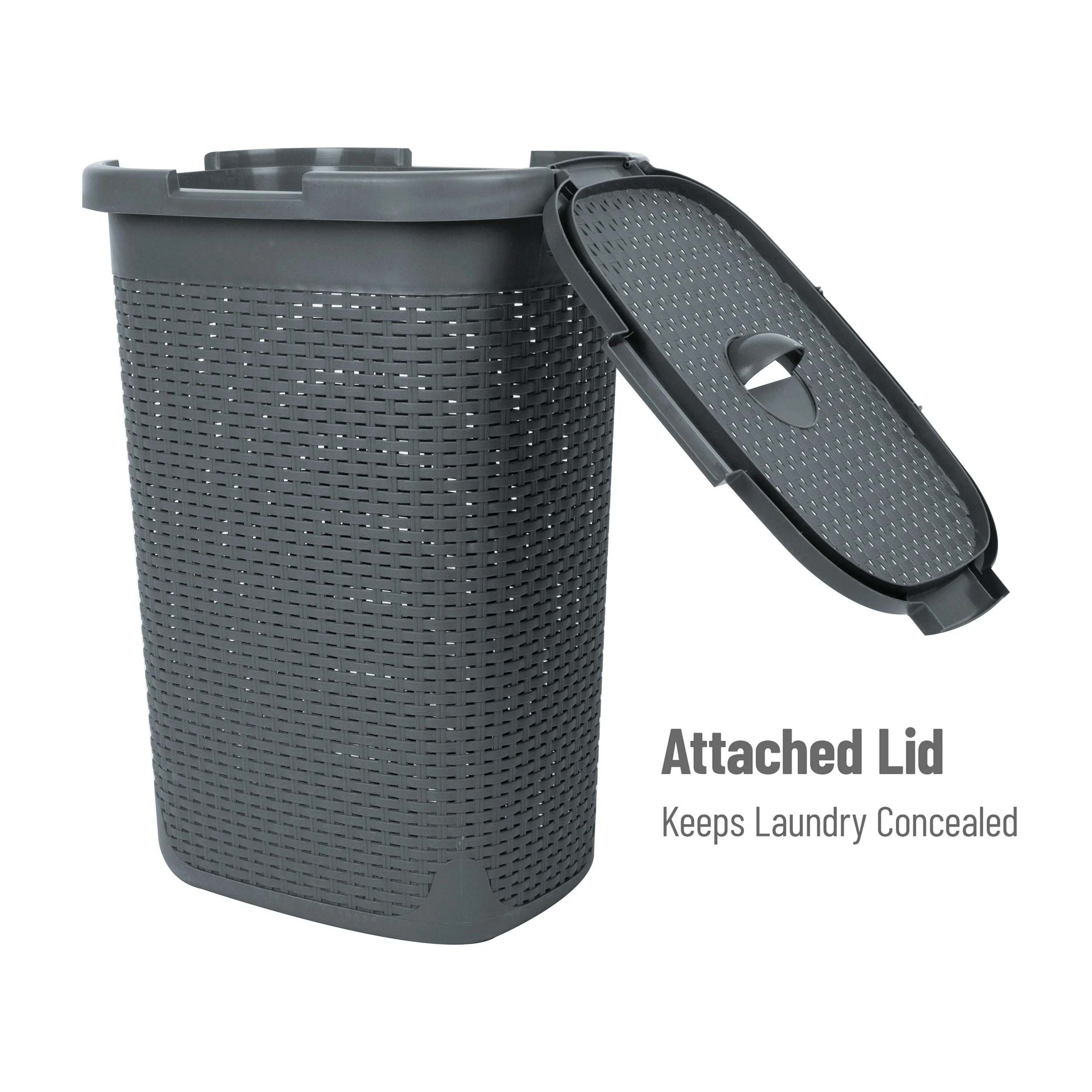 Mind Reader 60L Slim Laundry Hamper, Clothes Basket, Lid, Wicker Design, Plastic, 17.65