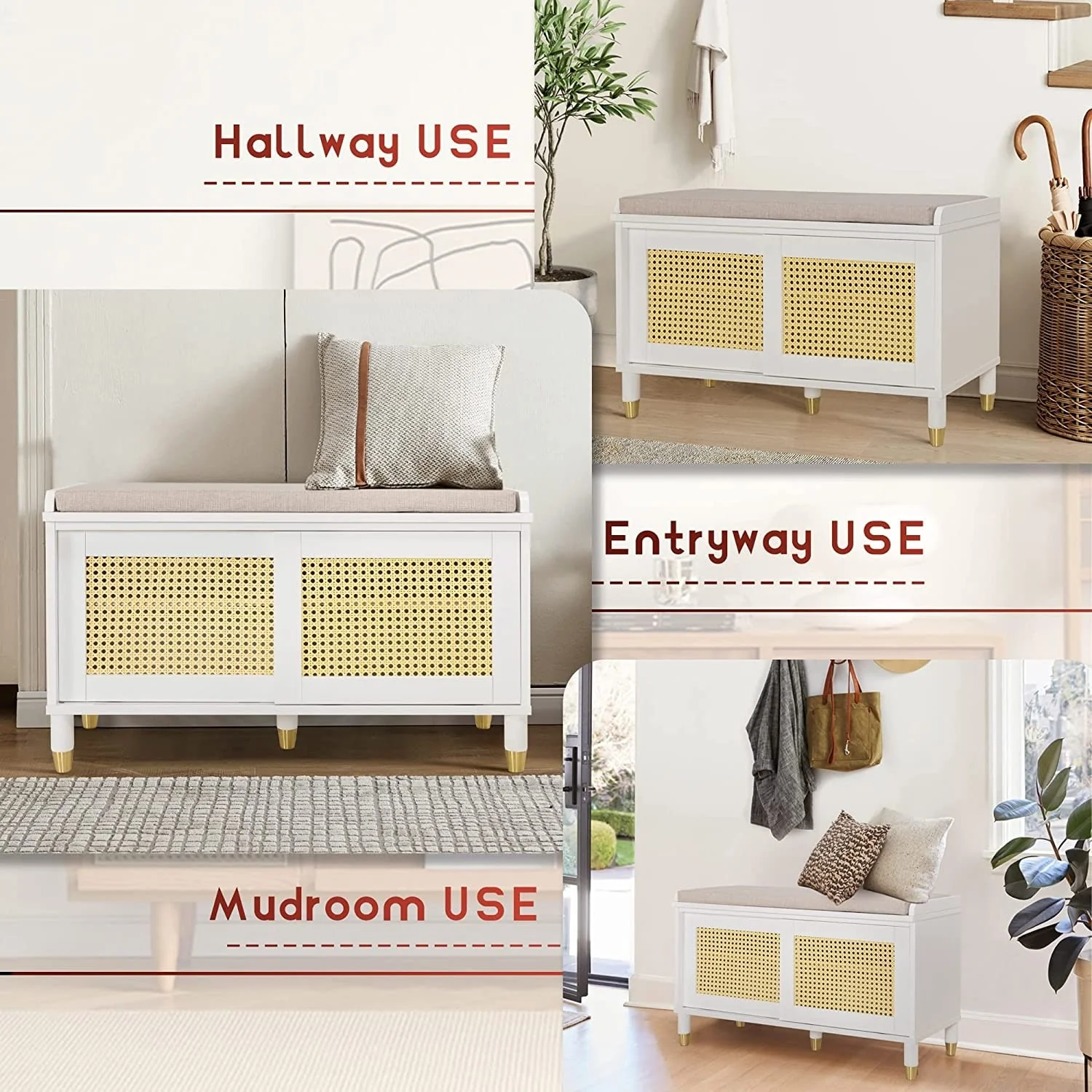 Shoe Storage Bench Cabinet Rattan Style Shoe Cabinet for Entryway