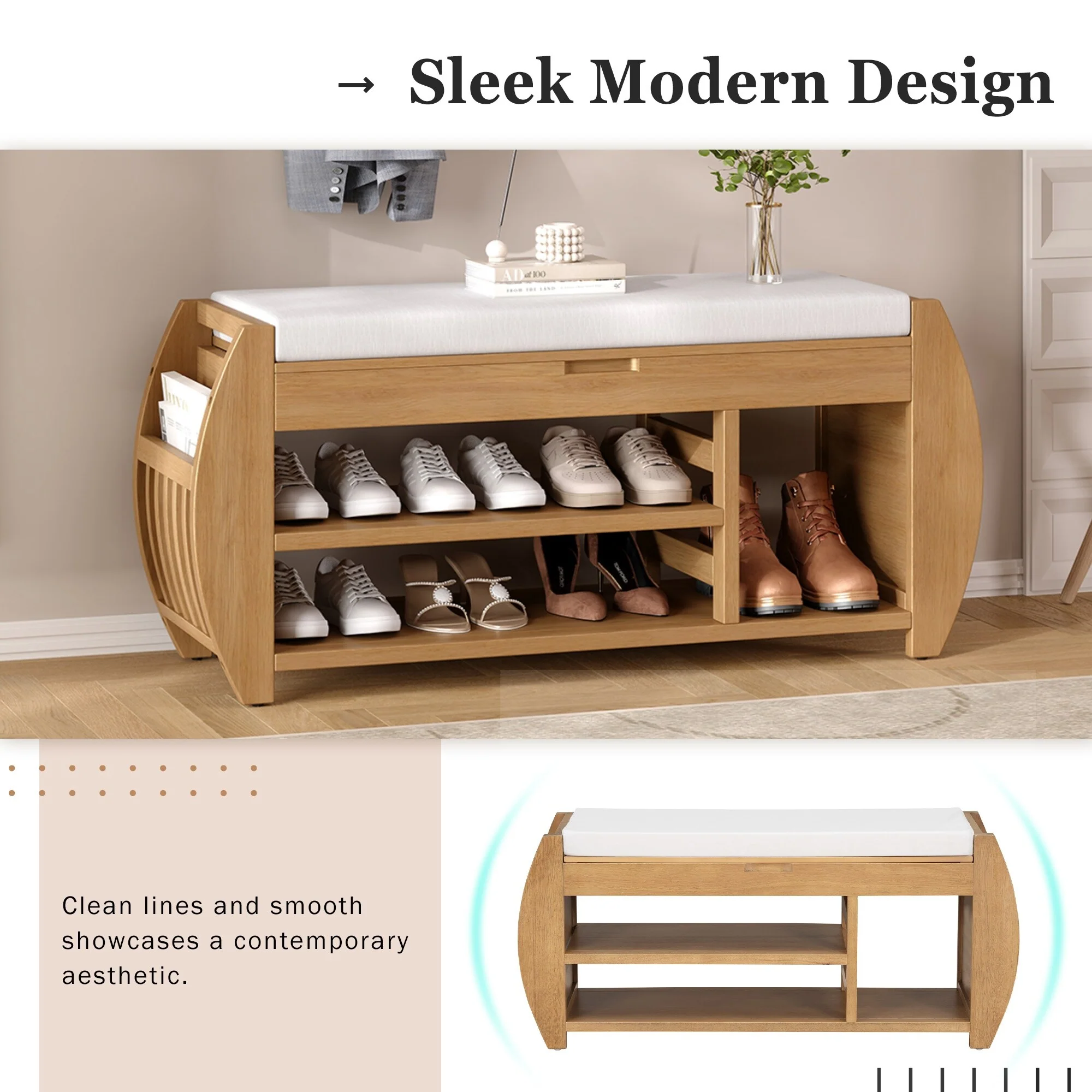 Shoe Storage Bench with Cushion and Curved Side