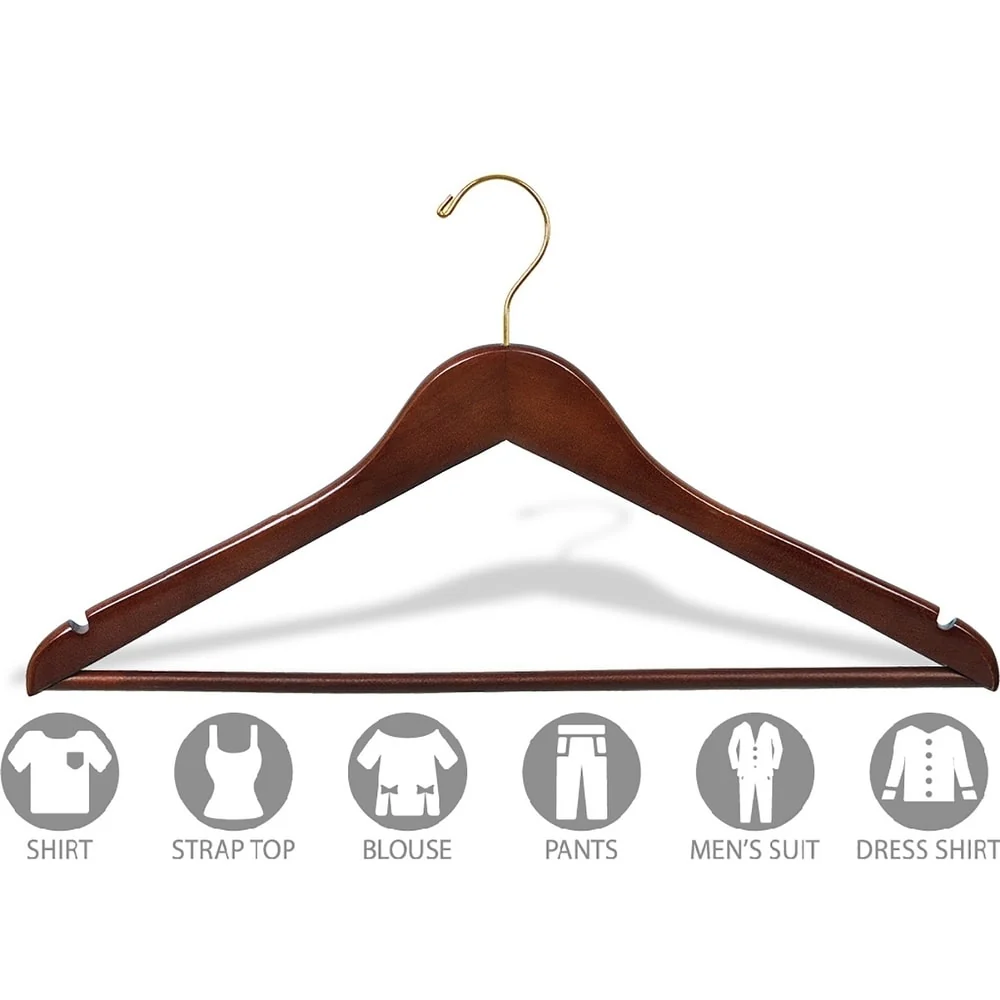 Walnut Finish Wooden Suit Hanger with Solid Wood Pant Bar and Brass Hook