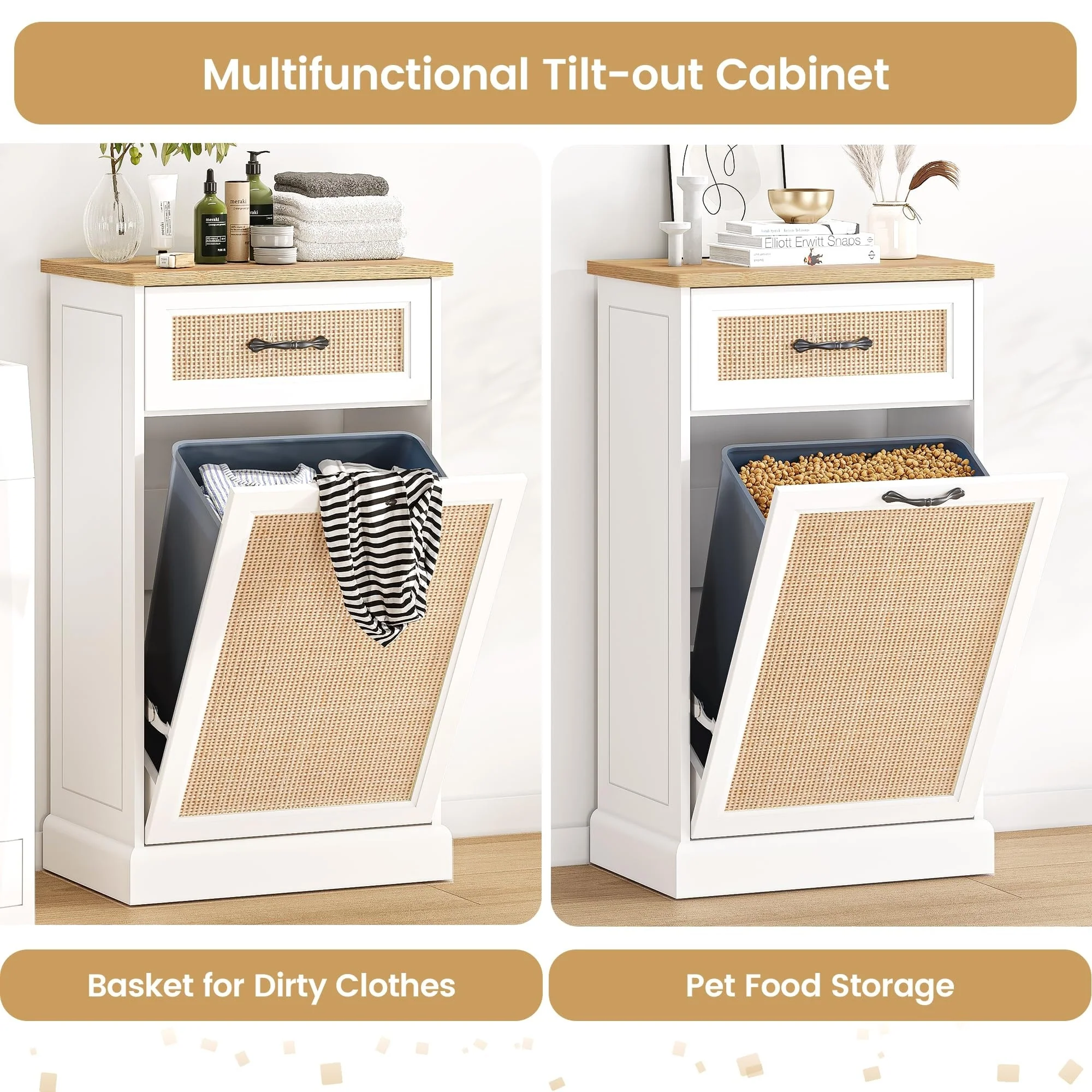 Rattarn Kitchen Tilt Out Trash Can Cabinet with Drawer