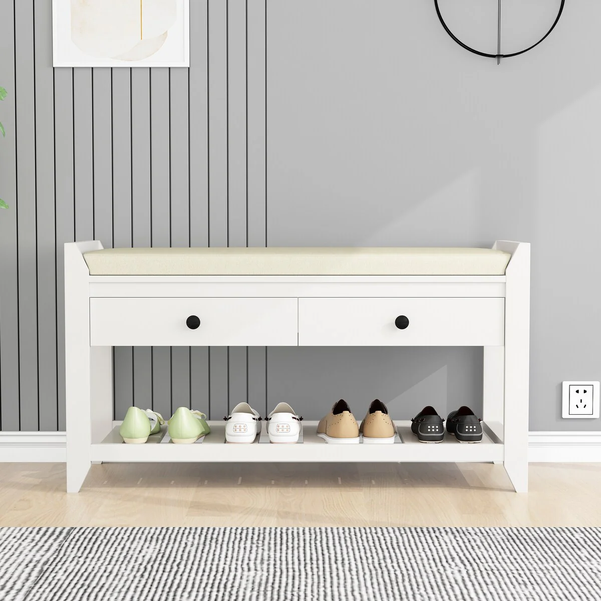 Entryway Storage Shoe Rack Bench with Cushioned Seat and Drawers