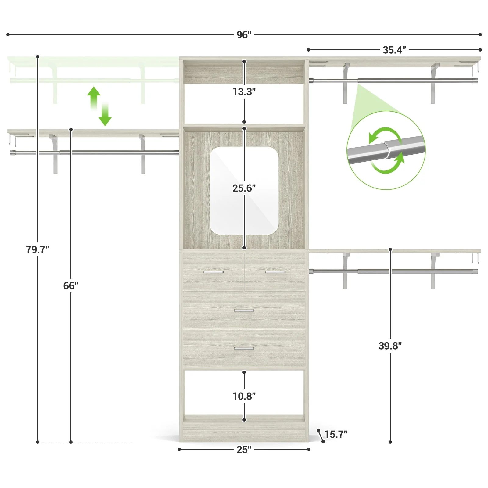 96'' W Closet System with Mirror, 8FT Walk-in Closet Organizer Kits with 4 Wooden Drawers ＆ 3 Extendable Hanging Rods