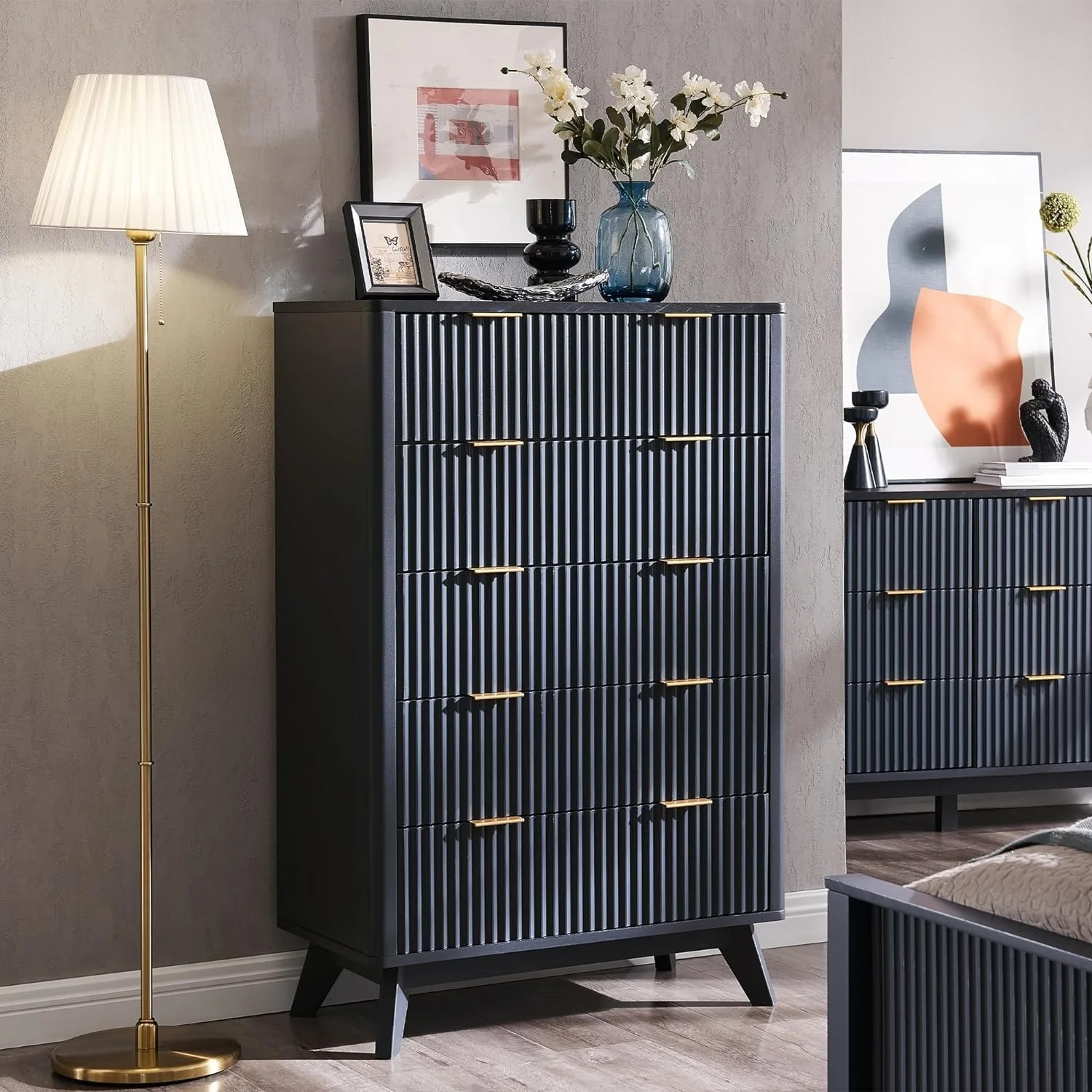 Modern Fluted 5 Drawers Dresser, Chest of Drawers, Dresser TV Stand