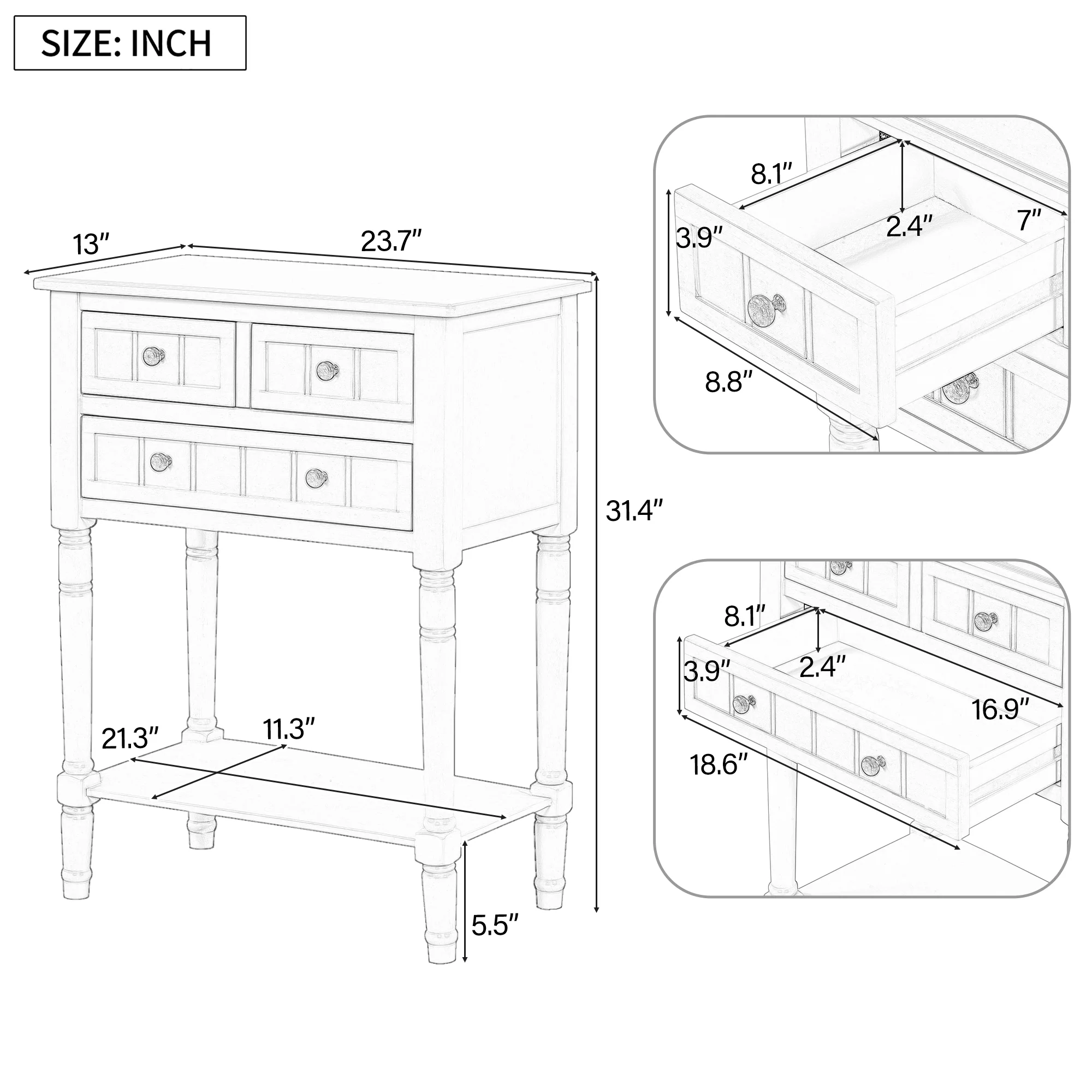 Conquest Narrow Console Table with 3 Drawers and Bottom Shelf