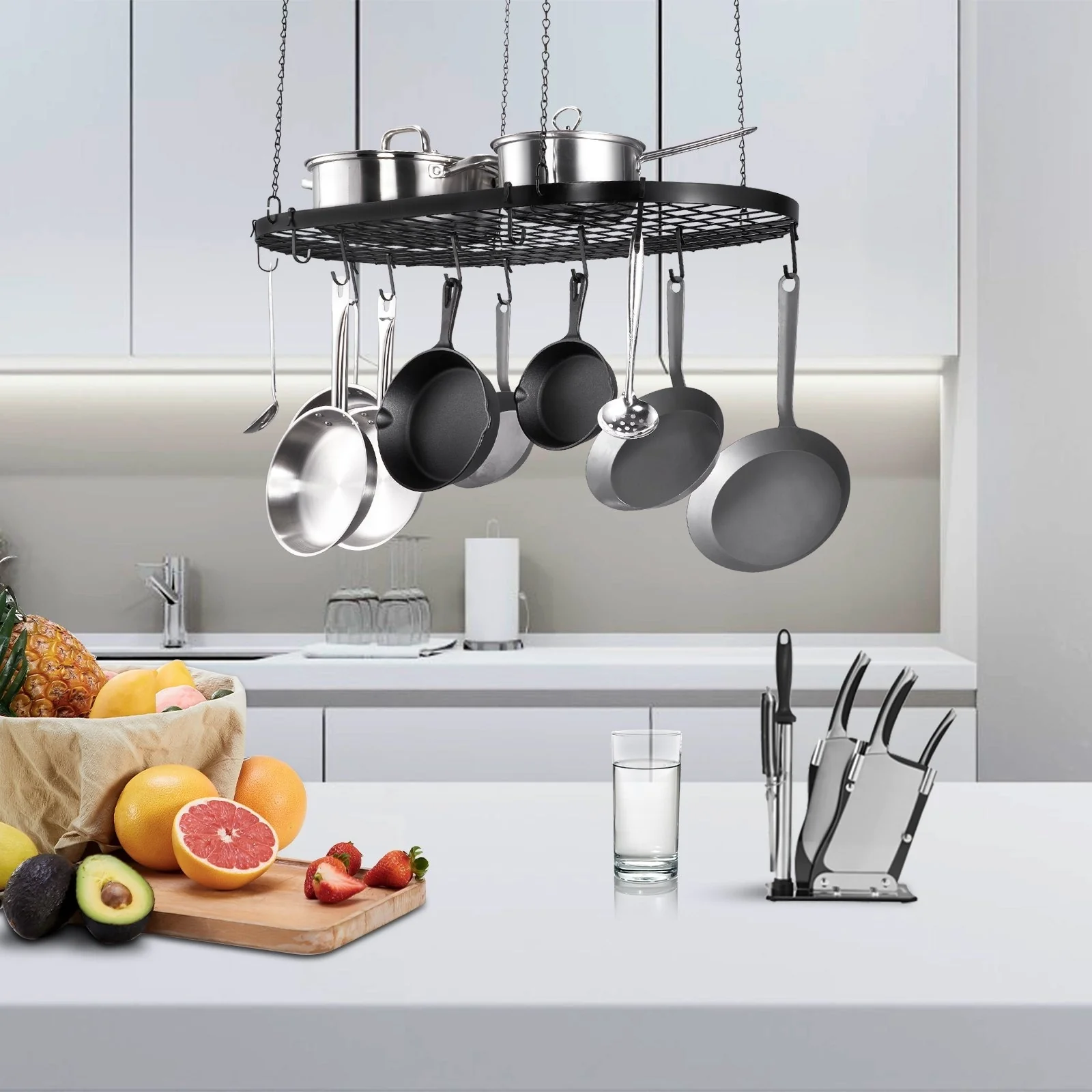 Black Carbon Steel Ceiling Mounted Hanging Pot Rack with S Shaped Hooks Ideal for Home or Restaurant