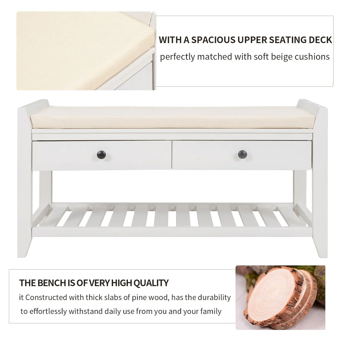 Modern Multipurpose Entryway Storage Bench With Upholstered Seat and Drawers