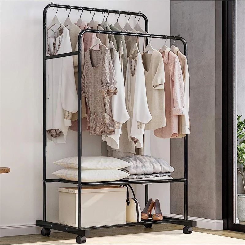 Metal Double Rail Clothes Stand on Wheels