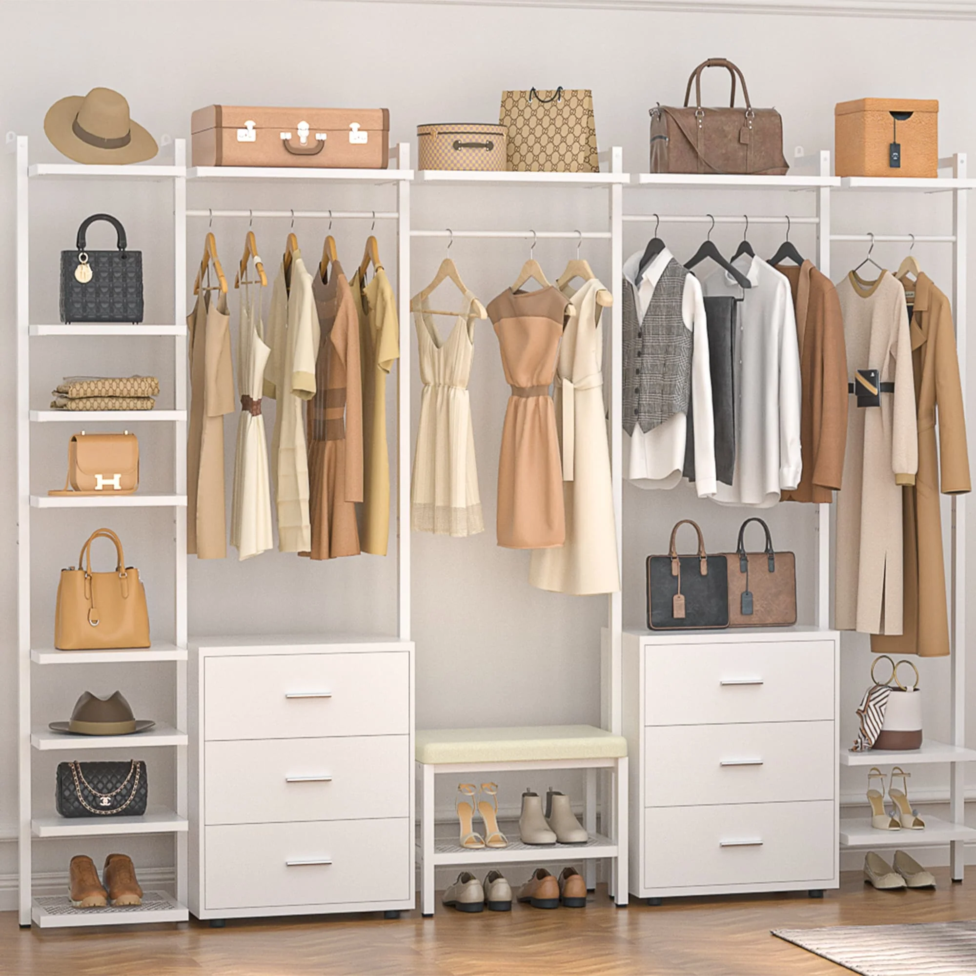 Walk in Closet System with 6 Closet Drawers, 96'' Multifunctional Clothes Rack Closet Organizer