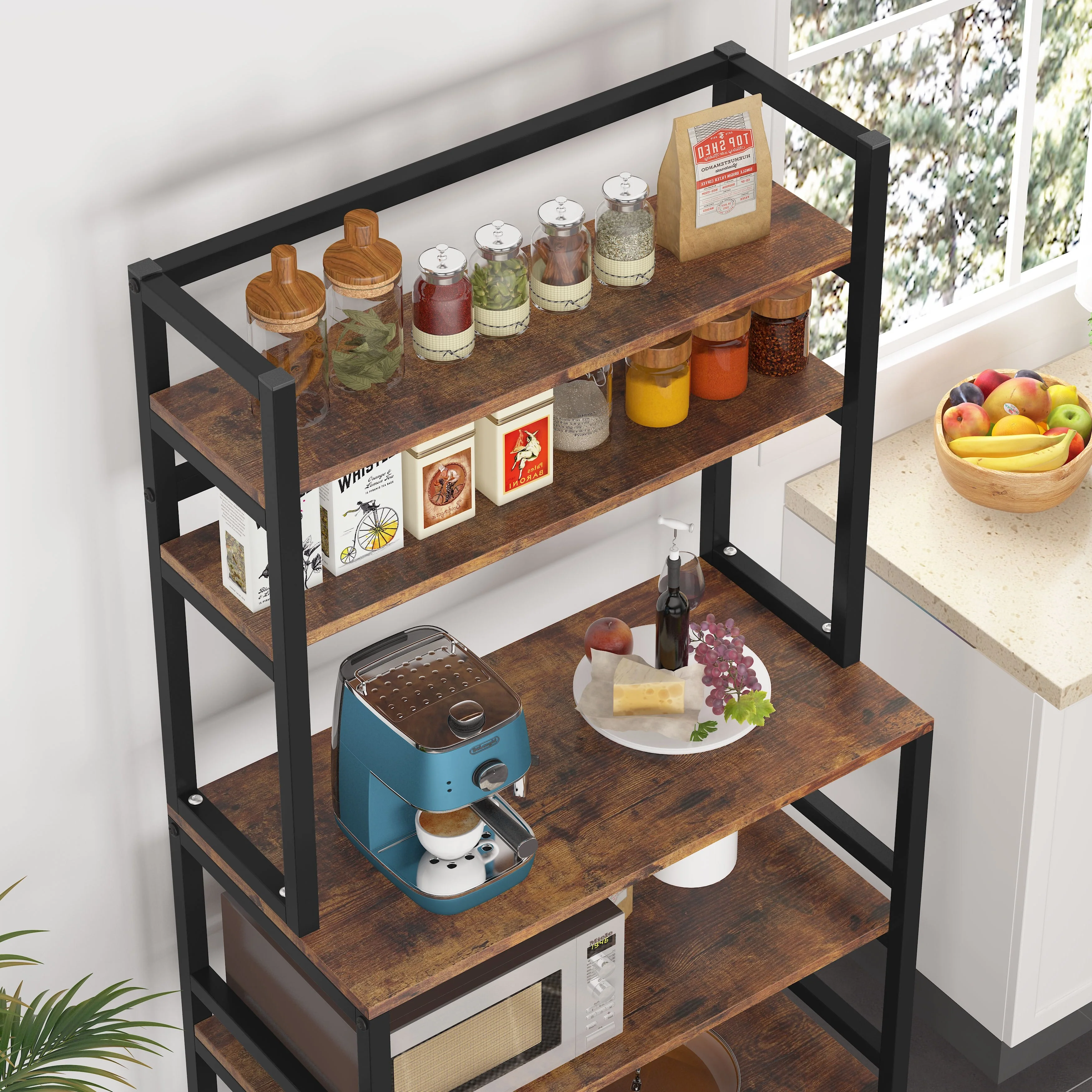 Brown/ Black 5-Tier Industrial Kitchen Bakers Rack Microwave Stand with Hutch,White Modern Kitchen Utility Storage Shelf