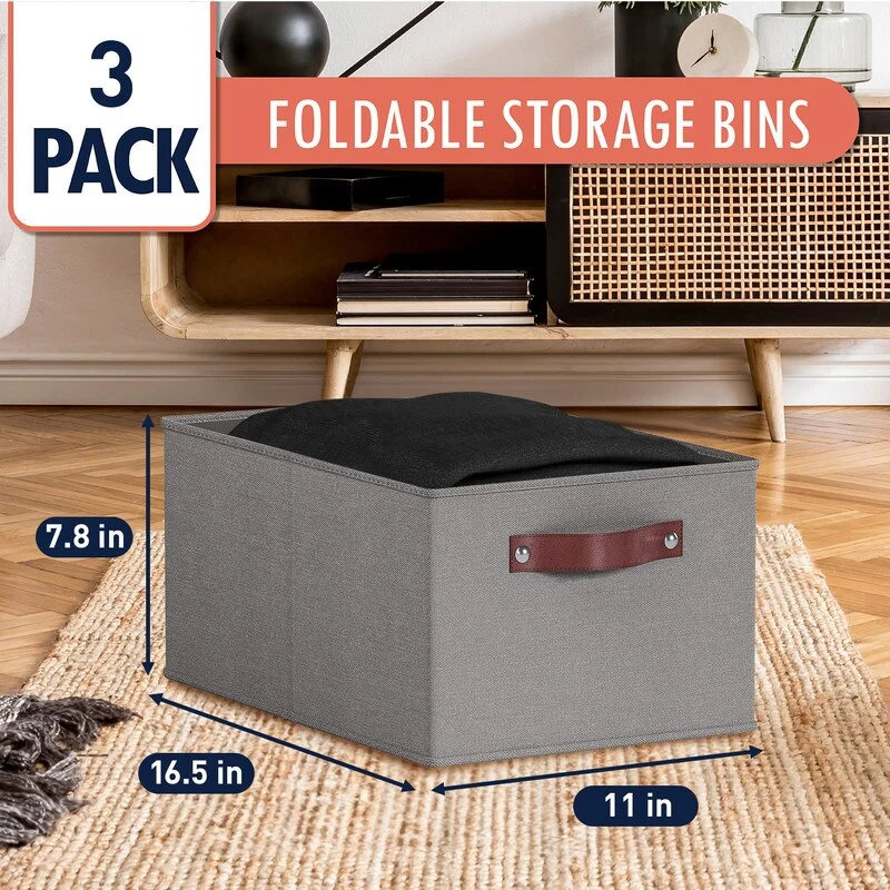 3 Pack Collapsible Shelf Basket Rectangle Storage Bins with Faux Leather Handles