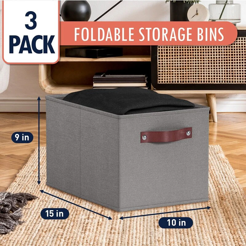 3 Pack Collapsible Shelf Basket Rectangle Storage Bins with Faux Leather Handles