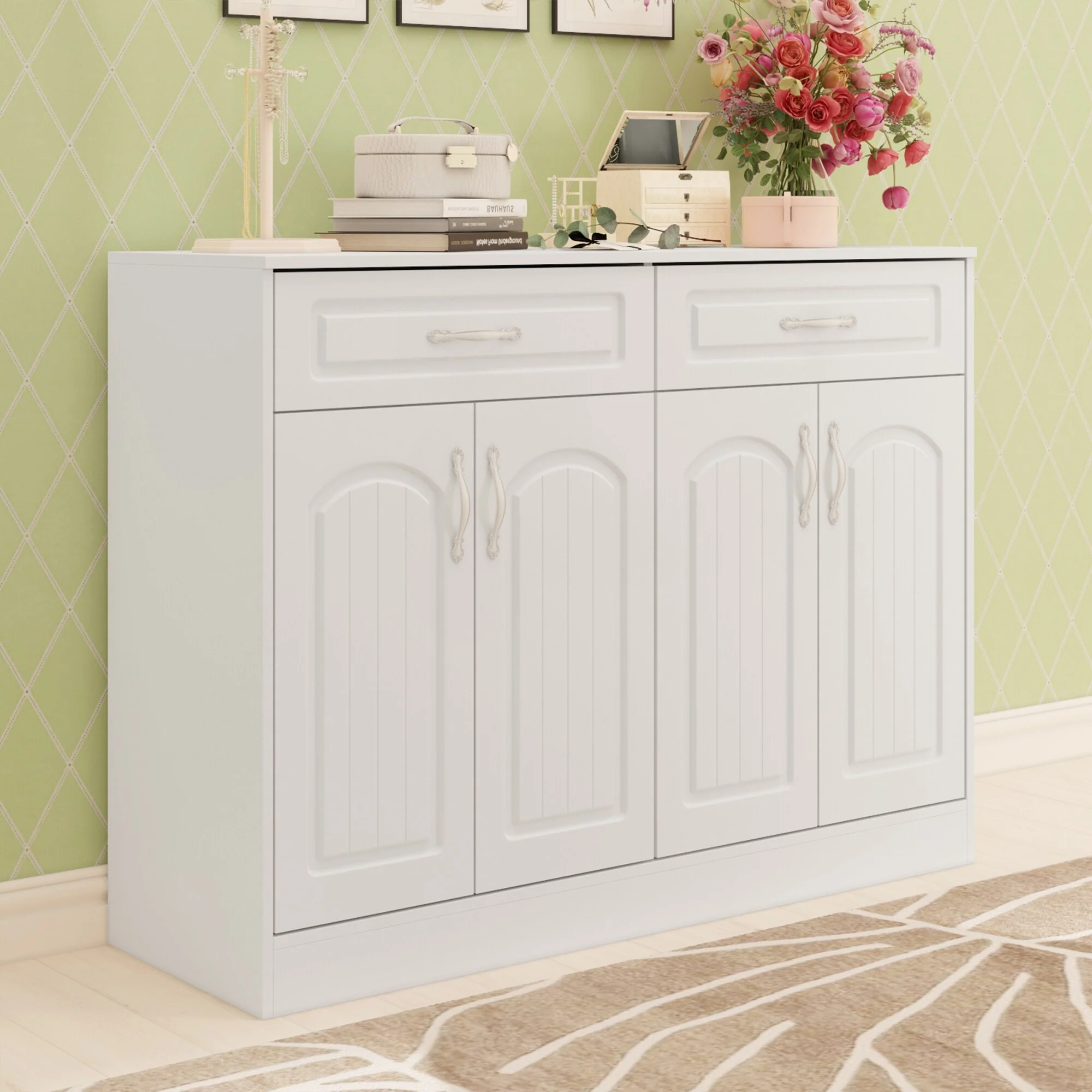 Multi-Functional White Shoe Cabinet with Adjustable Shelves Entryway