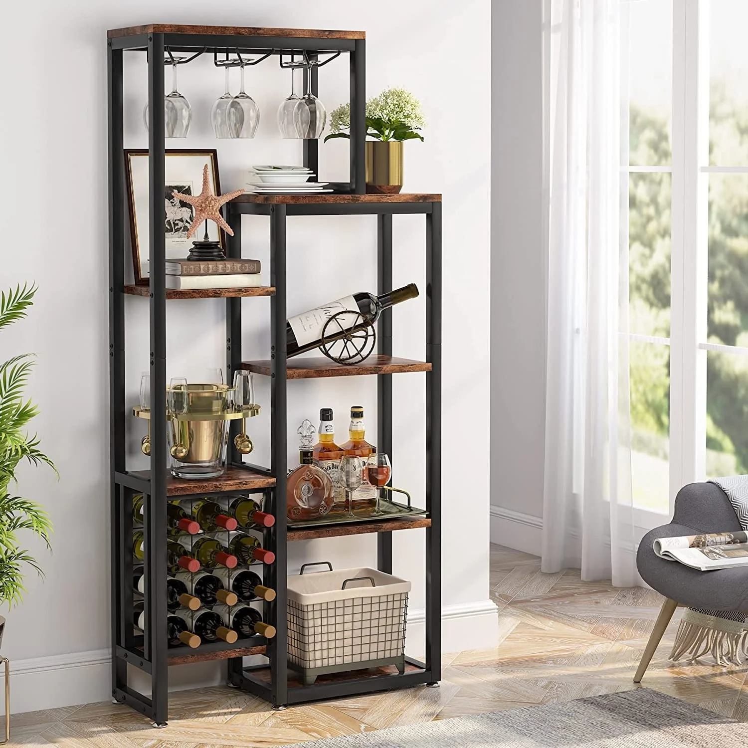 5-Tier Freestanding Floor Wine Baker Rack with Glass Holder & Wine Storage, Industrial Wine Display for Bar, Dining Room - N/A