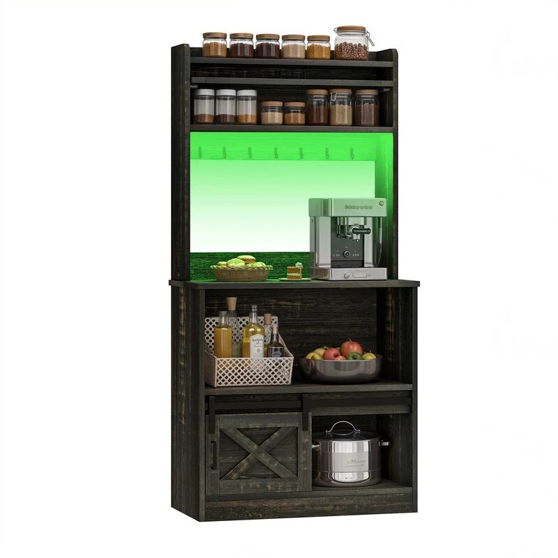 Moasis 5-Tier Bakers Rack with Hooks & LED Lights, Microwave Stand with Power Outlets