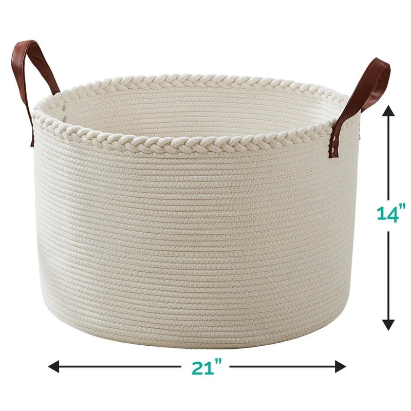 Large Round Cotton Rope Storage Basket Laundry Hamper with Leather Handles, 21 x 21 x 14 - 21