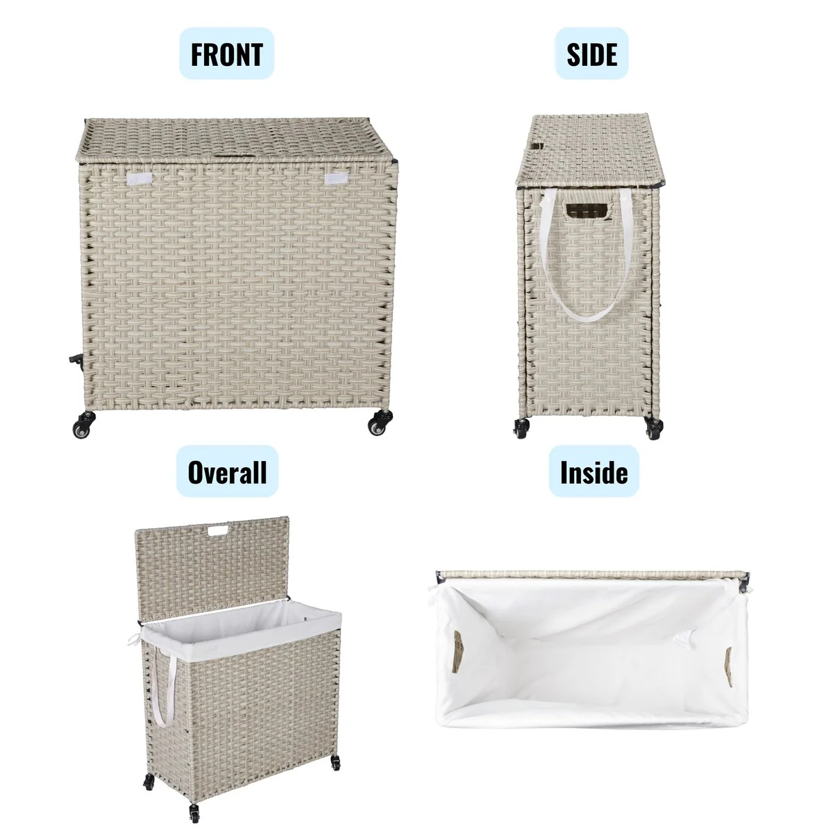 Laundry Hamper with Wheels, 160L Rattan Hampers & 2 Removable Liner Bags, Laundry Basket with Lid - 27