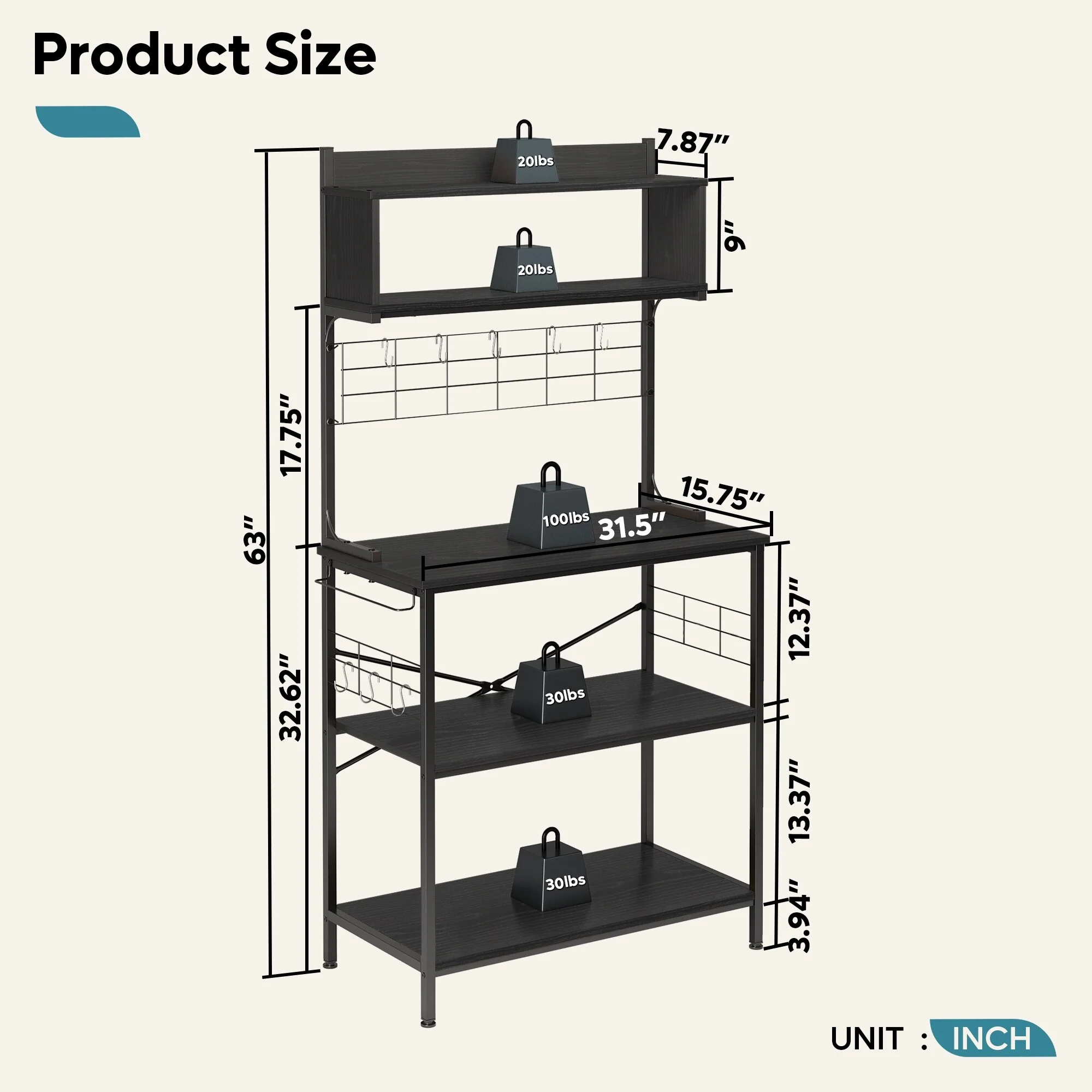 63 Inch Kitchen Baker's Rack with Hutch 8 Side Hooks