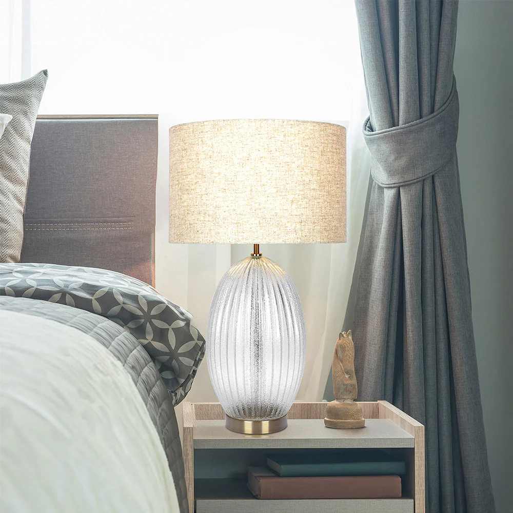 Table Lamp with Large Ribbed Glass Base and Linen Shade