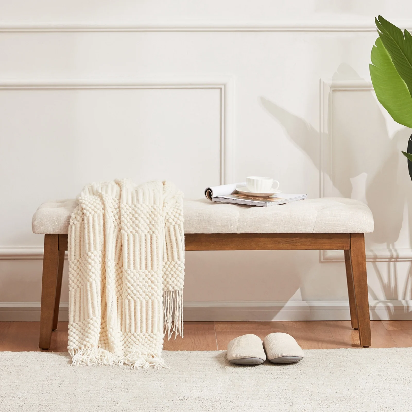 Button-Tufted Bench for End of Bed, Entryway Bench Beige/ Black/ Brown Solid Wood, Leather, Fabric 44-inch