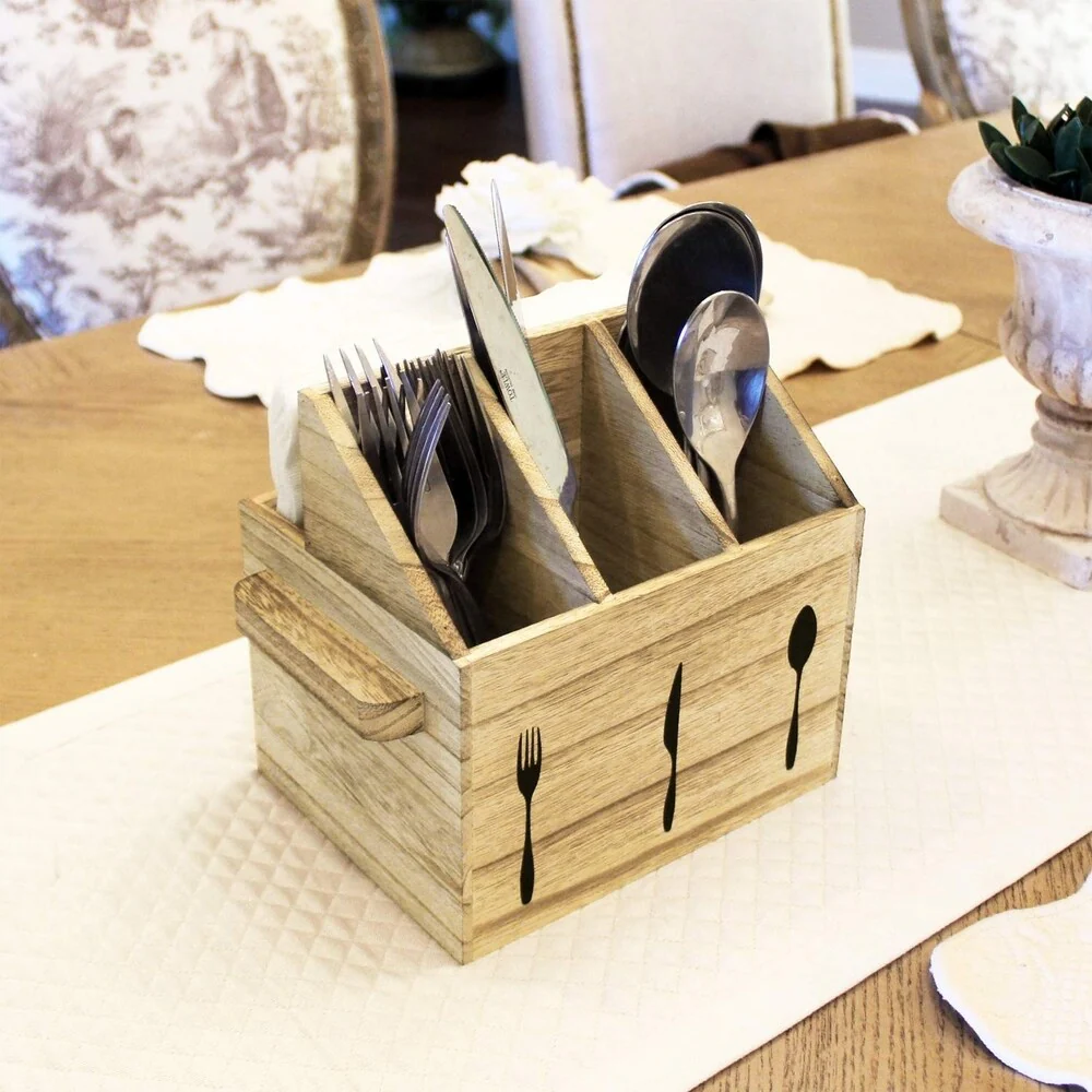 Wooden Sliverware Holder Flatware Utensil Caddy with Handles - oak