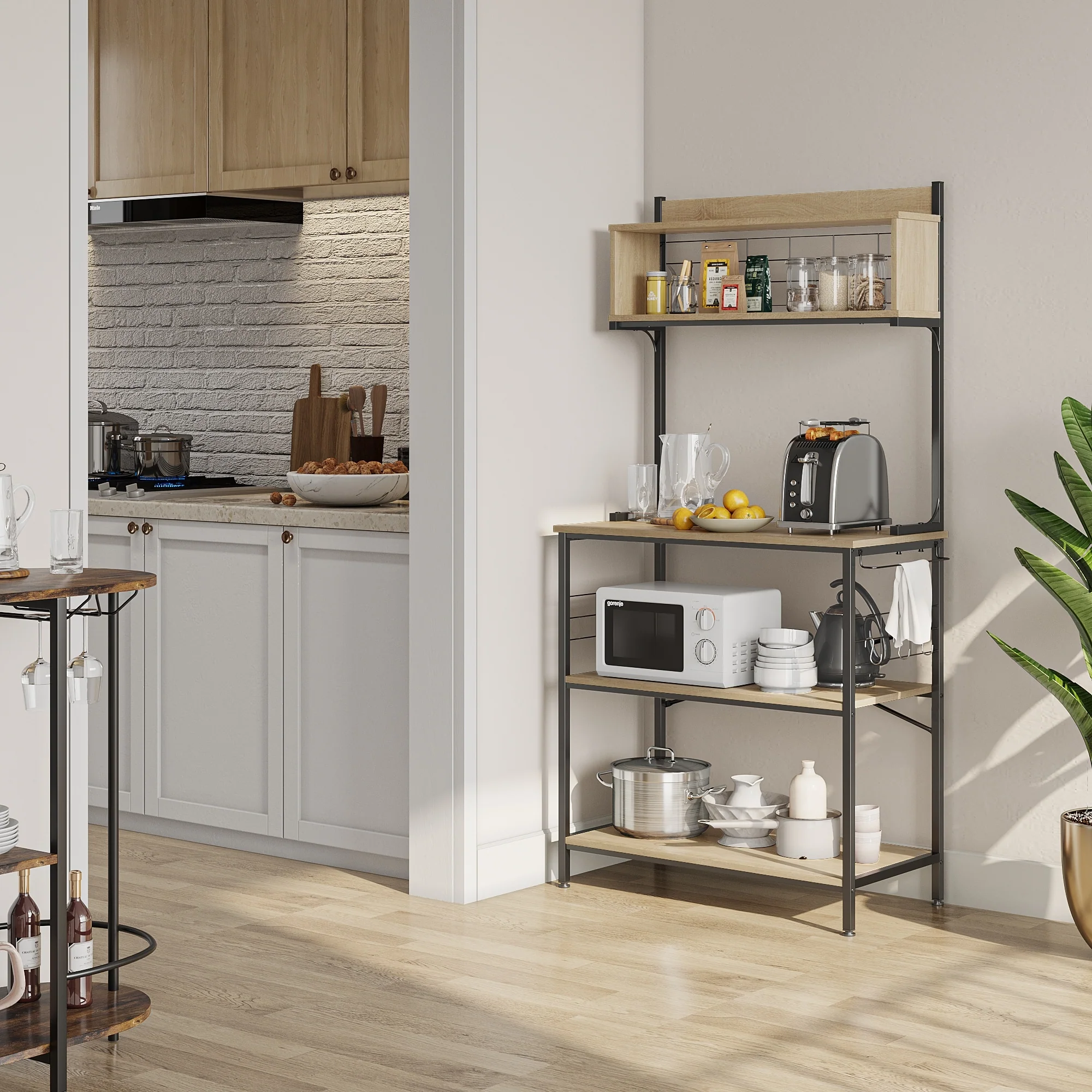 63 Inch Kitchen Baker's Rack with Hutch 8 Side Hooks