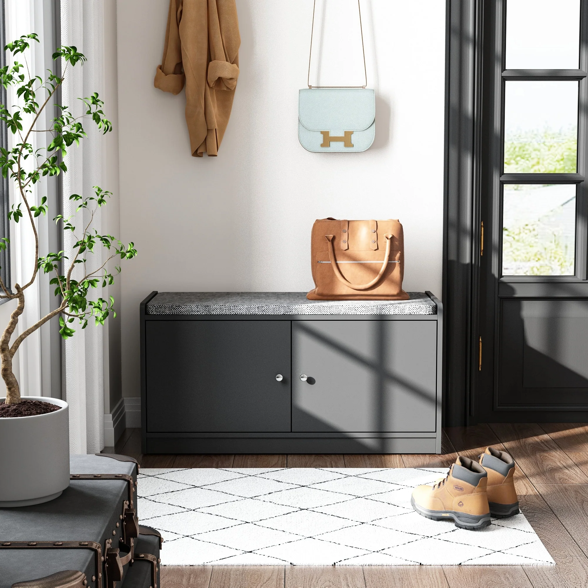 Hallway Shoes Storage Cabinet Bench with 2-Door & Padded Seat Cushion