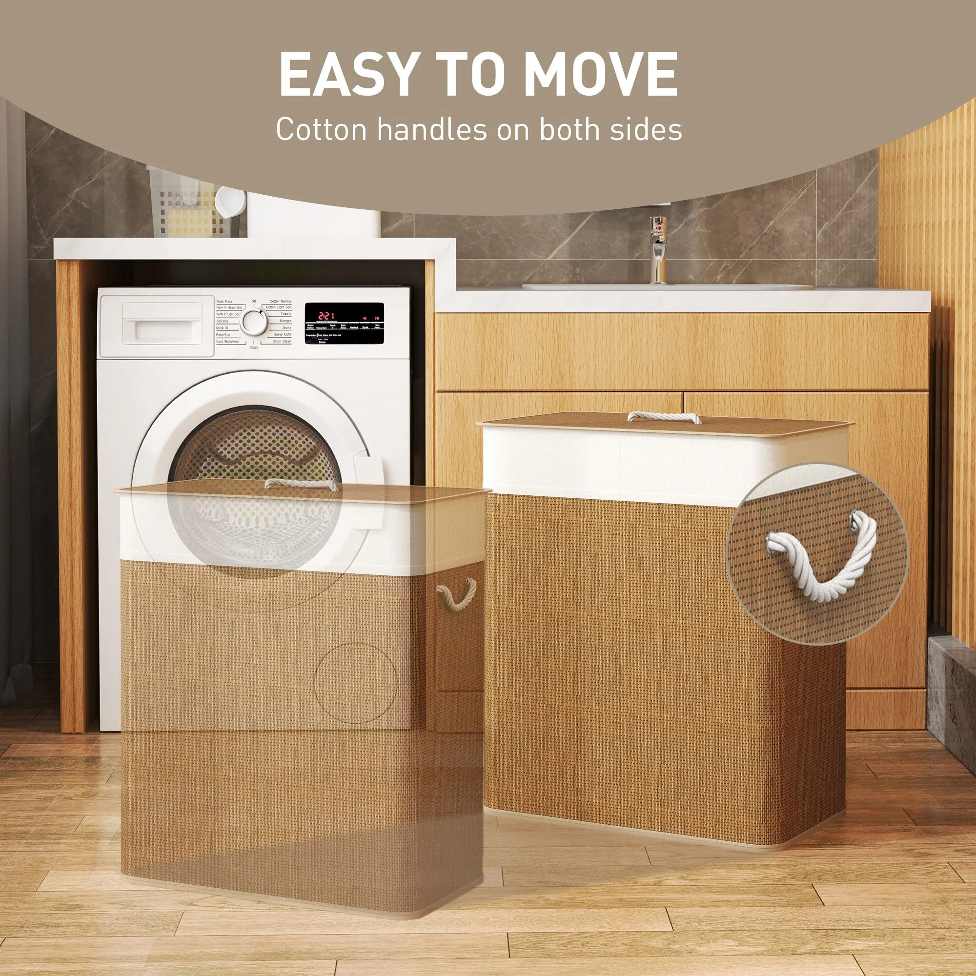 HOMCOM Double Laundry Basket with Lid, 26.4 Gallon Bamboo Laundry Hamper with Rope Handles, Clothes Hamper with Removable Liner