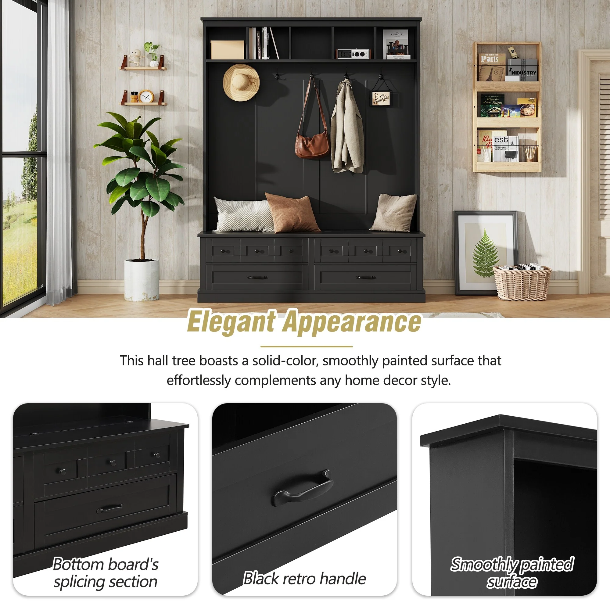 Elegant Wide Hall Tree with 5 Hooks, Versatile Entryway Lift Top Storage Bench with 2 Drawers