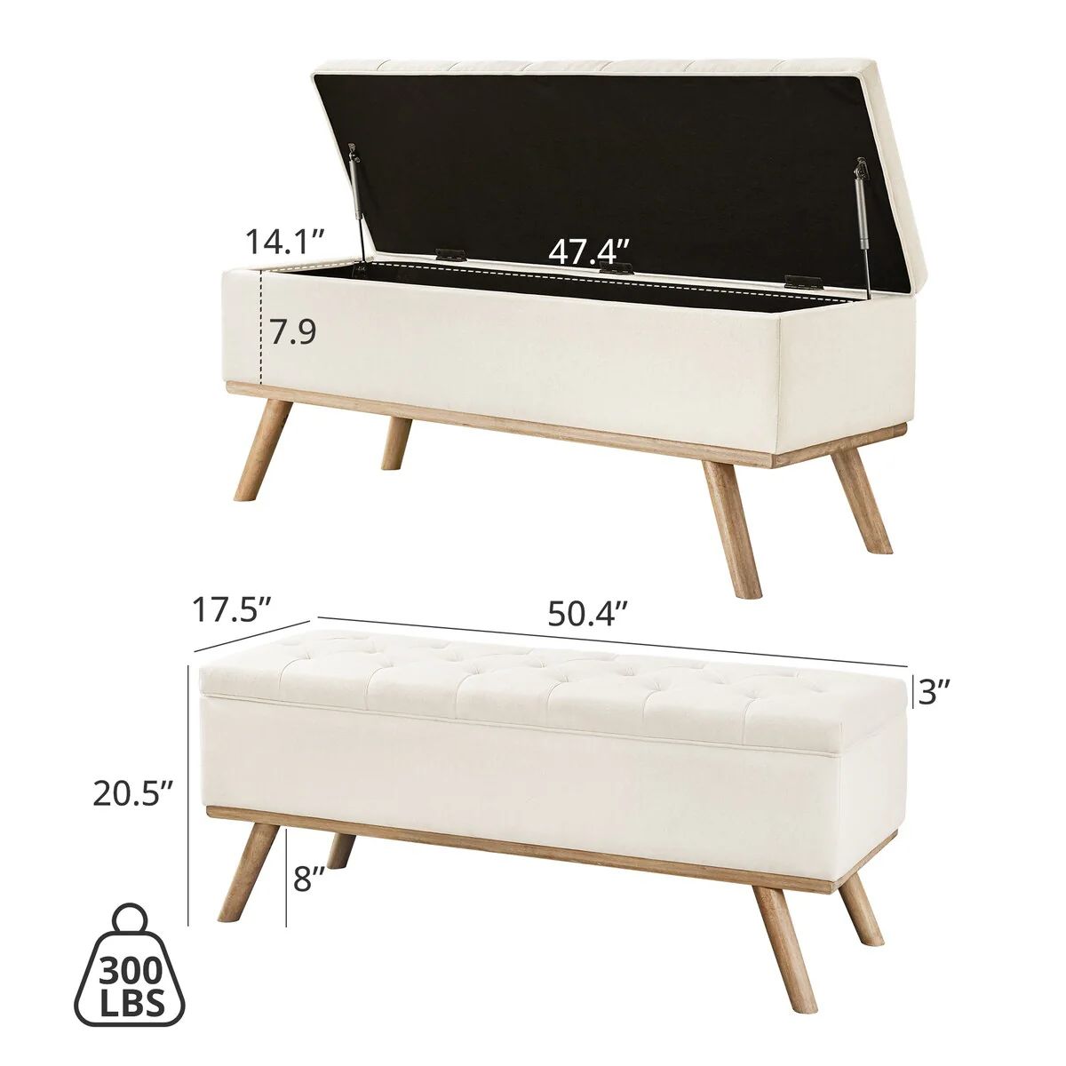 LUE BONA Modern Upholstered Storage Ottoman Button Tufted Storage Bench with Linen Seat End of Bed - 17.5 D X 50.4 W X 20.5 H