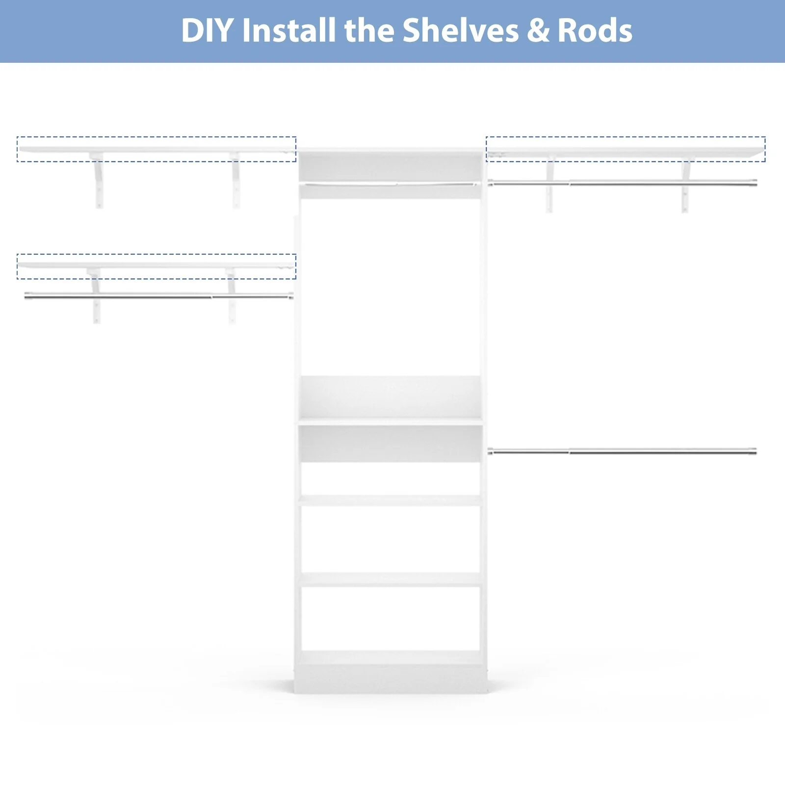 Rackcog 20-96'' W Closet System Starter Kit, Sturdy DIY Closet Organizer with 3 Winged Storage Shelves
