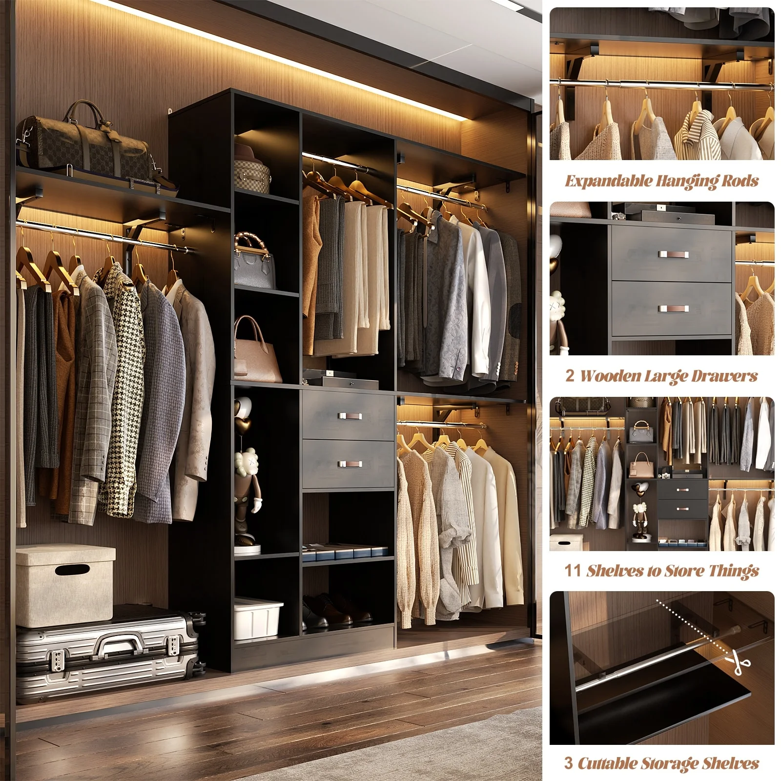 31.5'' to 96'' W Closet Organizer System with Drawers and Tower Shelves for Reach-in and Walk-in Closet