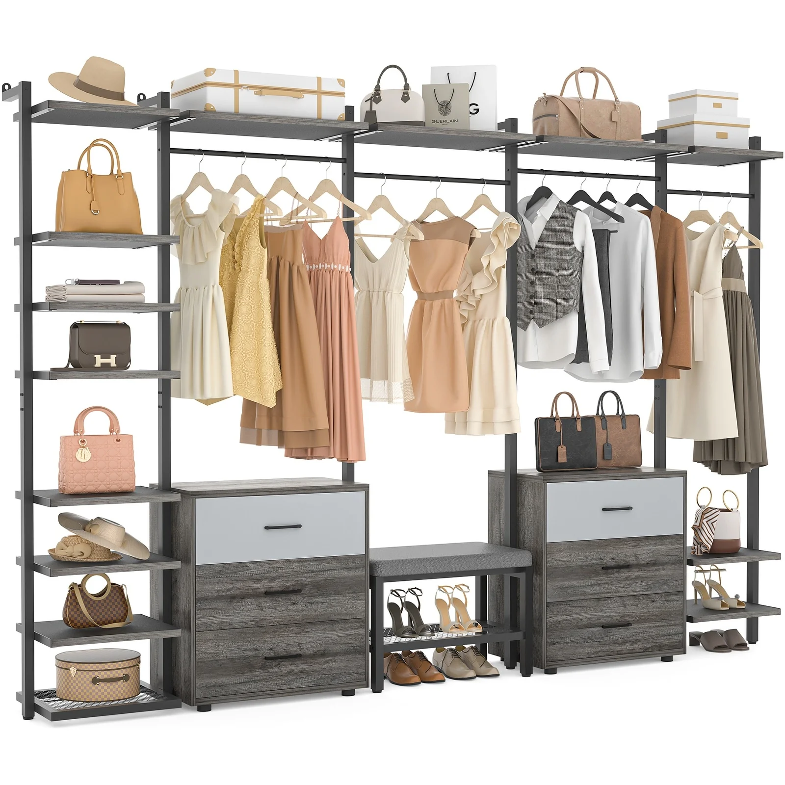 Walk in Closet System with 6 Closet Drawers, 96'' Multifunctional Clothes Rack Closet Organizer