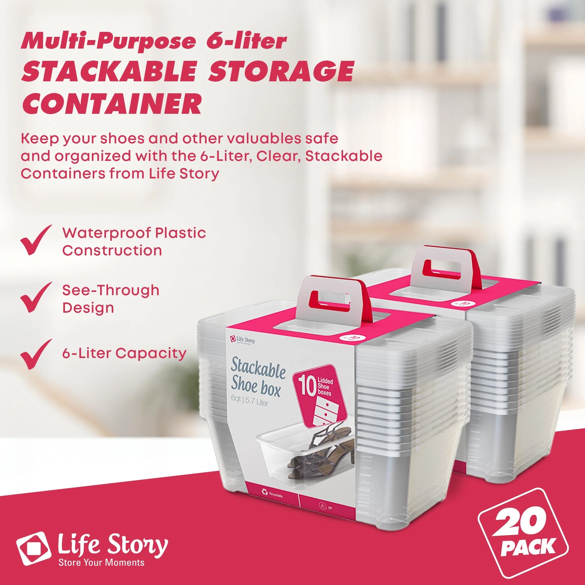 Life Story 6L Shoe and Closet Storage Box Stacking Containers, Clear (10 Pack)