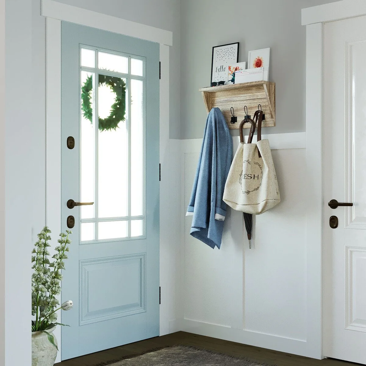 Wallniture 17'' Wood Wall Mounted Coat Rack with Shelf Entryway Mail Organizer Wood Key Holder 8 Hooks - N/A